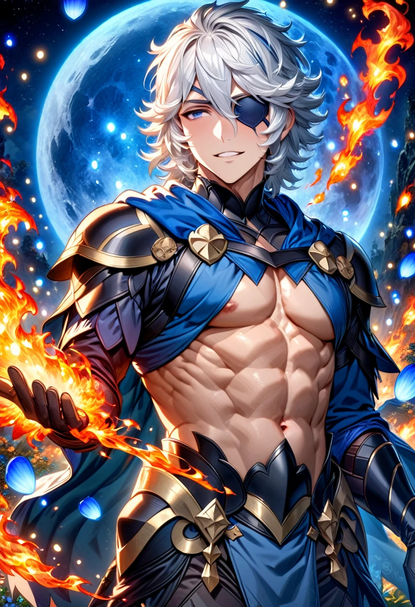 absurdres, highres, ultra detailed, HDR, master piece, best quality, Niles, white hair, expressive dark blue eyes, left black eye patch, fire emblem fates, solo, sexy man, handsome, toned chest, blue cape, black adventurer clothes, blue moon, starry, blue fireflies, blue flowers, magical, fantasy