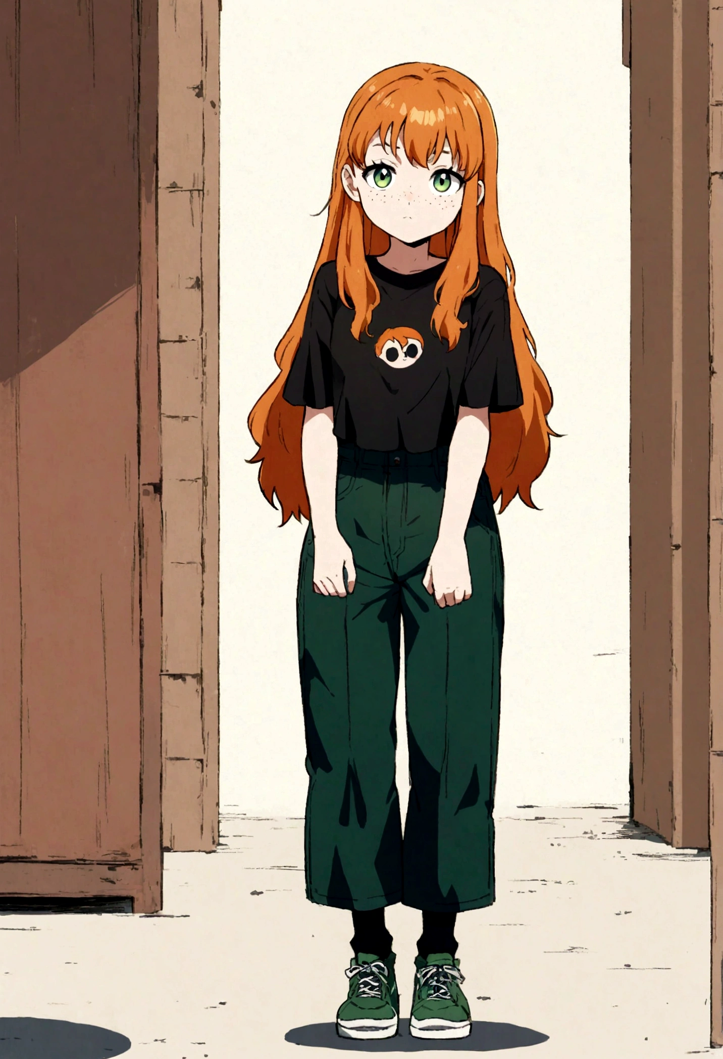 17 year old woman, very beautiful, character design, high quality, orange hair, freckles on the face, green eye color, beautiful eyes, beautiful face, full body, straight look, black t-shirt, dark jean green, t-shirt under pants, dark green sneakers, fine orange hair, long hair, black t-shirt, green eyes, single person, anime style, manga style, single character
