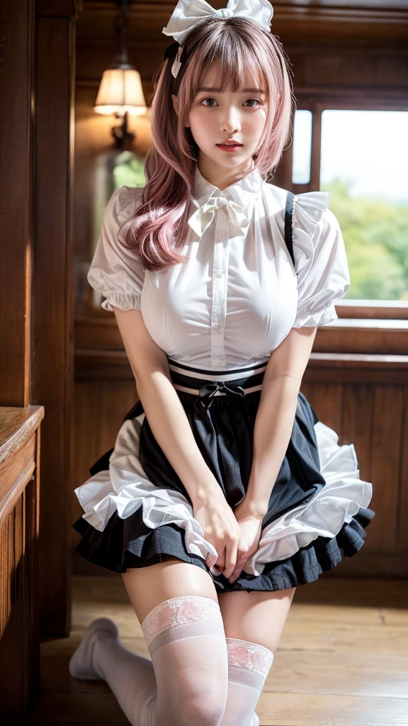 Mature Woman、Pink Hair、Light gray hair、((Two-tone hair))、White Lolita dress with delicate pink decoration、Slender women、Cute Woman、 8K Ultra HD,Detailed face、Delicate texture, Long Hair、(SFW), (((Blunt bangs)))、(((Drill Hair)))、(bow ribbon, Maid, knee high socks:1.3), Aside Cutter Shirt, frill skirt、((Ethnic Lolita))、A room in a Western-style building、((Delicate photo))，(Girl Astepeace RAW Photo Details:1.25), (highest quality:1.6), (超A high resolution:1.5), (Realistic:1.75), 8K resolution, Canon EOS R5, 50mm, Absurd, Super detailed,Cinema Lighting、((stuffed toy:1.25))、(Leg spread)、plump breasts, Don't expose it