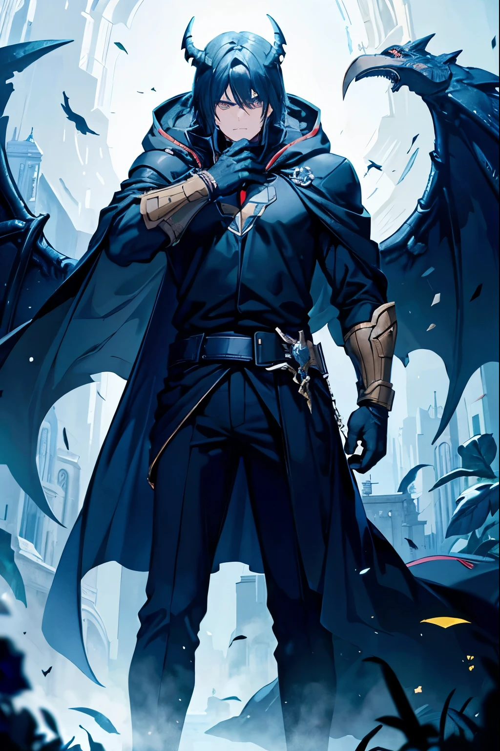 man, anime, with a black coat, black and dark blue cape, lizardman, technological, 4k, very detailed face, detailed hands, wings, holding mask dellart capitano