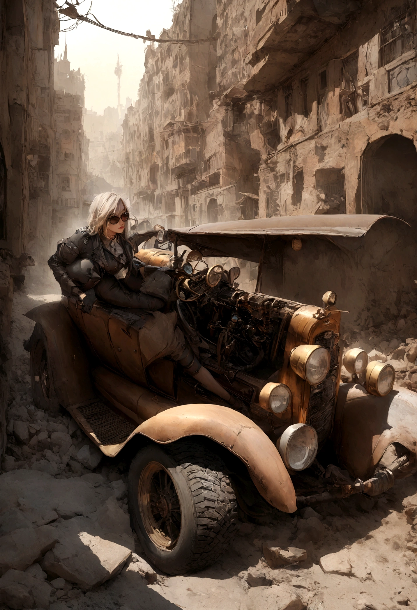 faithful image of an old rusty 1955 cadilac eldorado with spikes and spikes on the hood, military style with modifications, the car is racing on a street suspended over a destroyed white concrete overpass in the center of a post-apocalyptic city with many buildings around, carro steampunk, dramatic art, estilo de arte dieselpunk, apocalyptic road warrior vibe, a girl with sunglasses is inside the car, arte digital surreal, Mad Max inspirado, heavy metal artwork, simetria da face cromada, arte steampunk digital, It's not the Mad Max style, metal art, It's not Filip Hodas' art style, arte digital steampunk, dieselpunk, em um mundo hightech, foto na diagonal