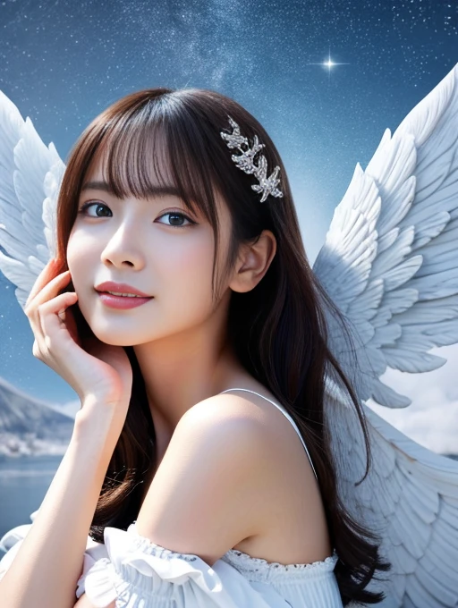 (A cute young Japanese Angel:1.75), (She has real Angel wings:1.5),(She descends from the sky onto a lake in the woods:1.0),(beautiful detailed eyes:2.0),beautiful detailed lips, (extremely detailed eyes and face:1.5), longeyelashes, slender woman body, beautiful short hair, natural makeup,big smile, incredibly beautiful skin, (Spreading her arms:1.5),(professional lighting, bright lighting, photorealistic, 8k, high resolution, best quality, masterpiece, ultra-detailed:1.5), vivid colors, moonlit night