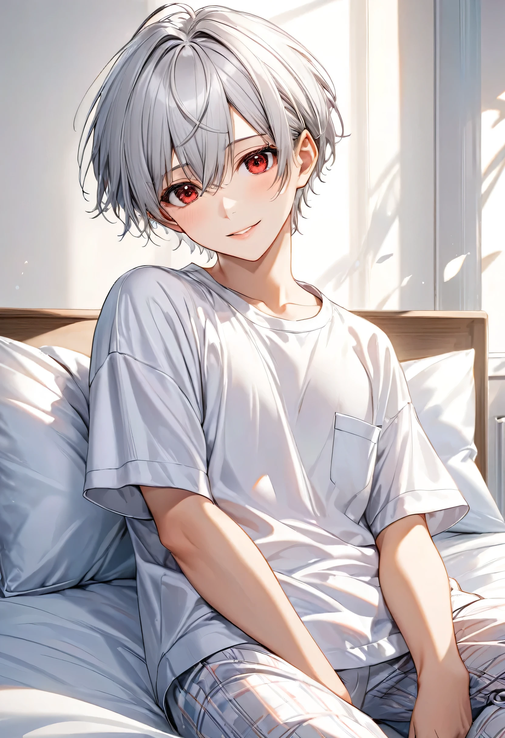 (relax style), (in a casual pajamas), (16 yo, solo:2 crew cut silver hair short hair cool boy, detailed red eyes, soft smile), (lie down on bed, in the bedroom, background is beautiful morning), BREAK, perfect anatomy, masterpiece, best quality, 16k, beautiful detailed morning, daydreaming expression.