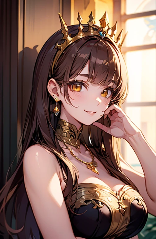 Princess , in castle, high quality, super quality, (detailed face:1.4) ,beautiful young woman , golden eyes, long golden hair , tight gorgeous dress, tiara, necklace , earring , sharpe eyebrow , beautiful bangs are covering her eyes , huge breast  ,upper body , model pose , smile 