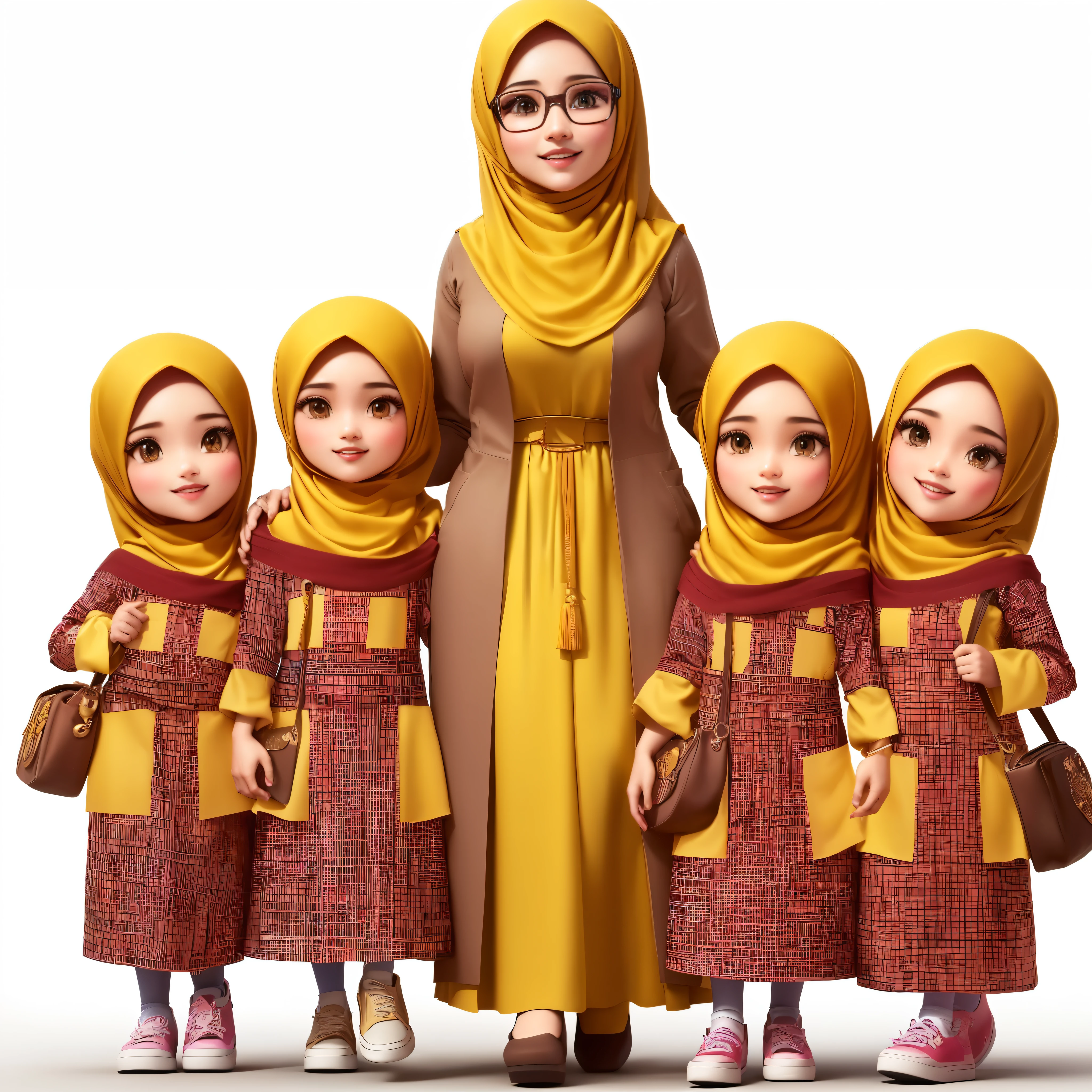 muslim family dressed in traditional clothing and hijab pose for a photo, with yellow cloths, perfect android girl family, hijab, happy family, muslim, mother, inspired by JoWOnder, teacher, hana alisa omer, islamic, cartoon style illustration, style of cartoon, mother sarah artist, inspired by Nazmi Ziya Güran, by Bernardino Mei, 3 dmax