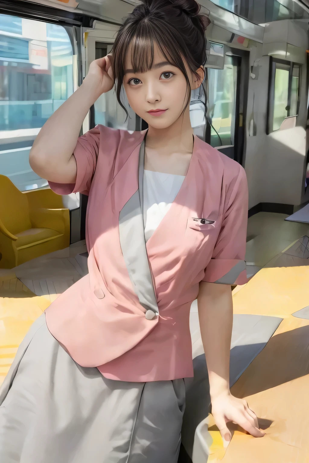 (masterpiece:1.2, highest quality:1.2), 32K HDR, High resolution, (alone、1 girl)、（On the rooftop of a building in the daytime、Professional Lighting）、Building rooftop background、（Nankai train crew uniform pinkを着たリアルスタイル）、（Nankai train crew uniform pink short sleeve pink jacket、Nankai Train Crew Uniform Pink Collarless Short Sleeve Blouse、Nankai Train Crew Uniform Pink Grey Knee-length Culottes）、Dark brown hair、（Hair tied up、Hair Bun、Hair Bun）、Dark brown hair、Long Shot、Big Breasts、Thin legs、（（Great hands：2.0）），（（Harmonious body proportions：1.5）），（（Normal limbs：2.0）），（（Normal finger：2.0）），（（Delicate eyes：2.0）），（（Normal eyes：2.0））)、smile、（Nankai Train Crew Uniform Pink Grey Knee-length Culottesを見せた美しい歩く姿）、Place your hands around your stomach