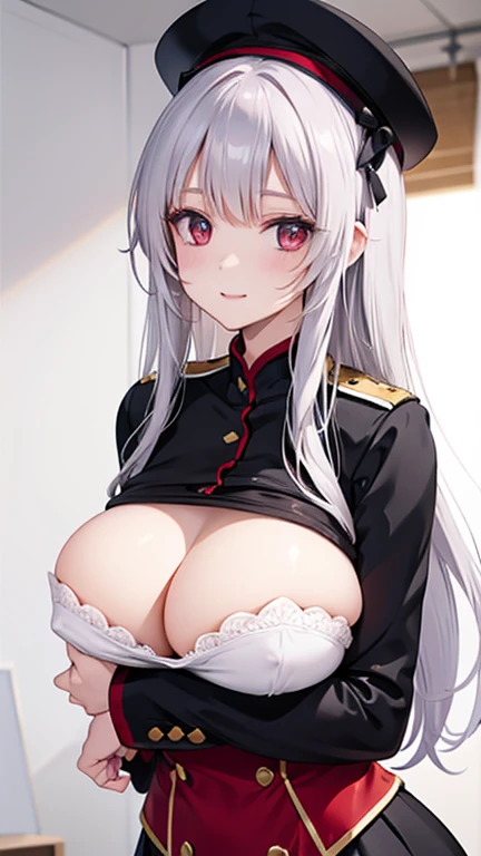 best quality high resolution one young pretty woman red eyes white hair medium perm cute soft girl dragon girl cosplay breastfeeding service The medium breasts with amazing charm gasp incest Estrus face, (wearing uniform :1.5) ,smile