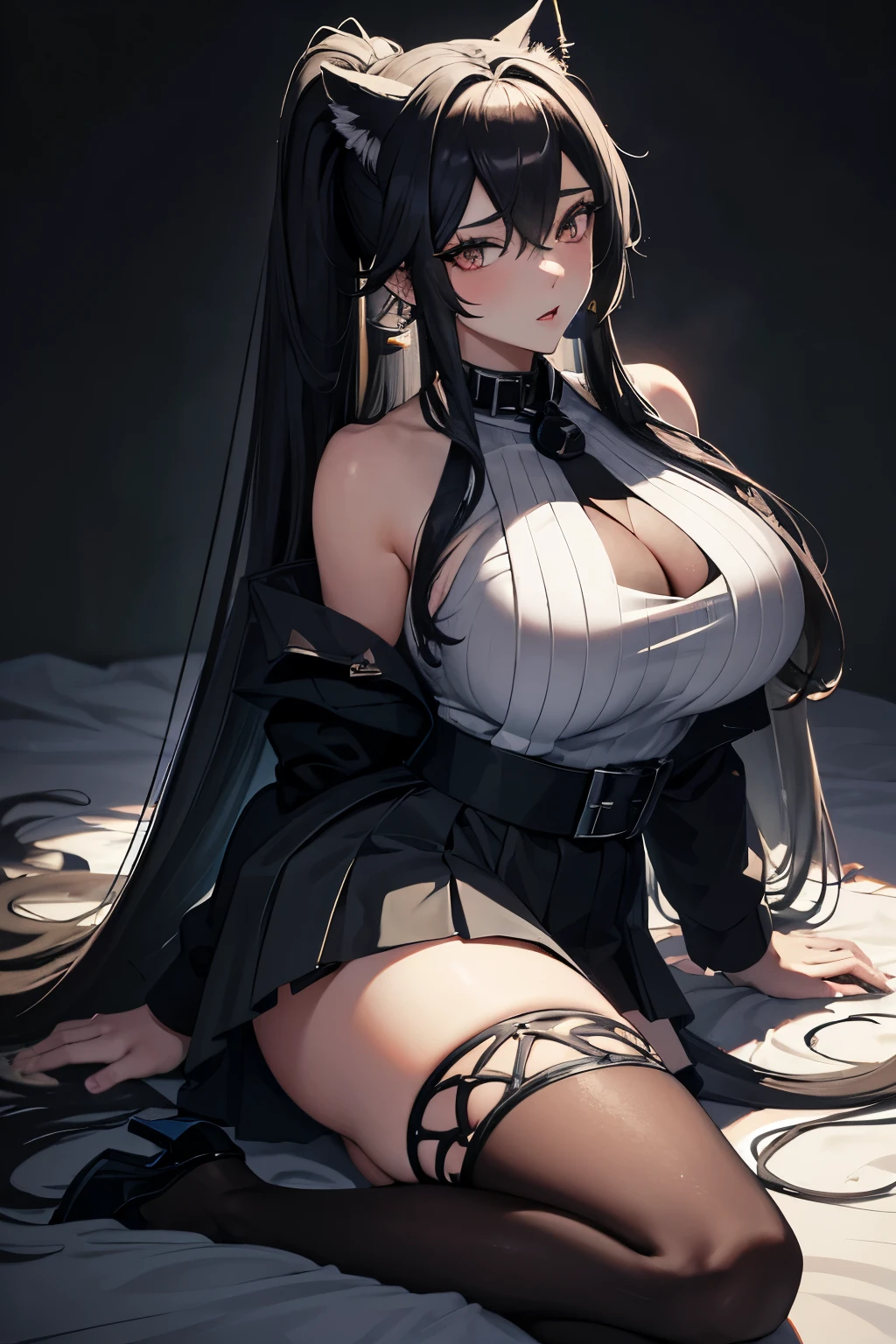 In a dazzling display of maximalist, 8k anime artwork, artgerm presents a captivating full-body portrait of a 20-year-old chubby wolfwoman, oozing charm and seduction. Dressed in a sleek, pleasantly short skirt that hugs her curves, she pairs it with a sleeveless top that accentuates her muscular arms. Her long, black ponytail cascades down her back, shimmering like a waterfall under the light.

A light and transparent veil drapes over her shoulders, adding an ethereal touch to her provocative appearance. Her dark eyes, filled with an intriguing allure