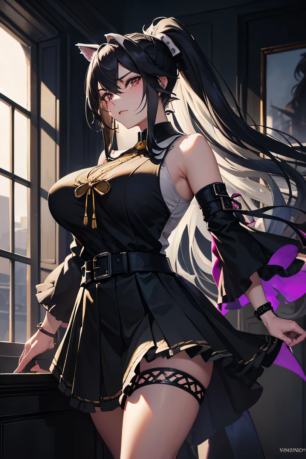 In a dazzling display of maximalist, 8k anime artwork, artgerm presents a captivating full-body portrait of a 20-year-old chubby wolfwoman, oozing charm and seduction. Dressed in a sleek, pleasantly short skirt that hugs her curves, she pairs it with a sleeveless top that accentuates her muscular arms. Her long, black ponytail cascades down her back, shimmering like a waterfall under the light.

A light and transparent veil drapes over her shoulders, adding an ethereal touch to her provocative appearance. Her dark eyes, filled with an intriguing allure