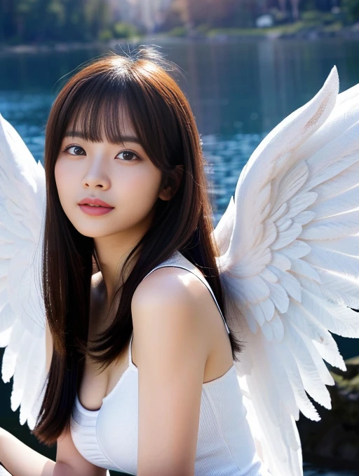(masutepiece:1.1), (Highest Quality:1.1),Ultra high-definition images, fullllbody, Long hair, Good facial beauty, 1girl in:1.2), (Detailed face and eyes:1.25), Solo, Brown hair, Brown eyes, (Beautiful breasts:1.3), ((White Skin Tight Bodysuit:1.2), cleavage:1.2), blush, Looking at Viewer, femele, bright city angel,blue-sky,