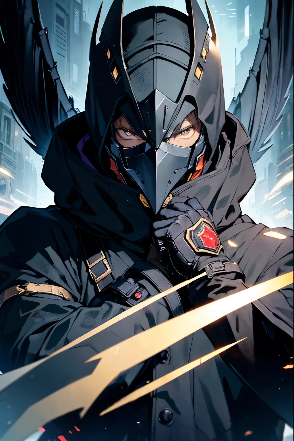 man, anime, with a black coat, black and dark blue cape, lizardman, technological, 4k, very detailed face, detailed hands, wings, holding mask dellart capitano