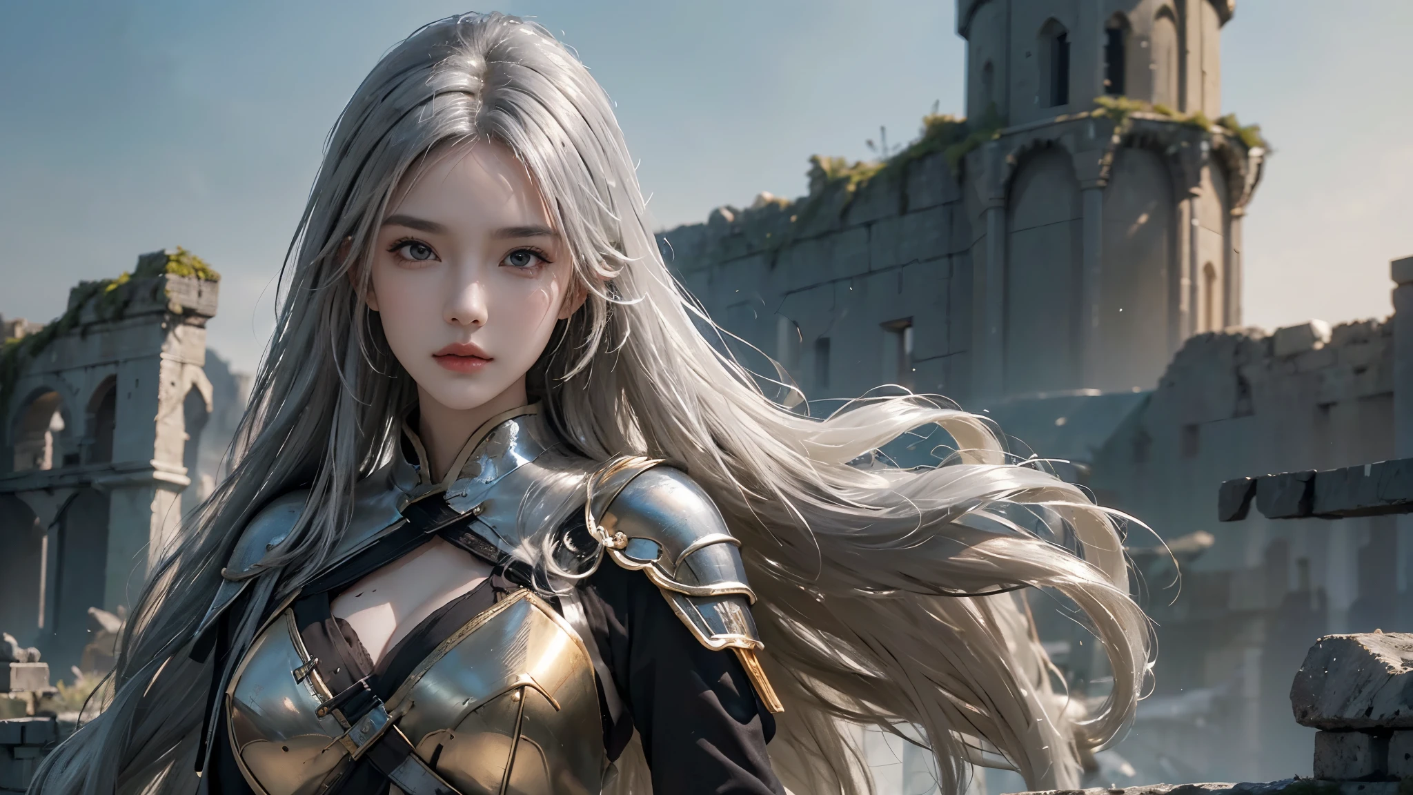 ((A woman, The ruins of the castle, Medium distance close-up, early morning，Practical)) Practical visuals, Artistic refinement, charming beauty, dramatic contrast, 8k wallpaper, absurd, incredible absurd, Gold Armor, gadaxintai gaodanvshen, (Armed with a silver sword)), Hair floating in the air, ((In battle)), ((best quality: 1.5))