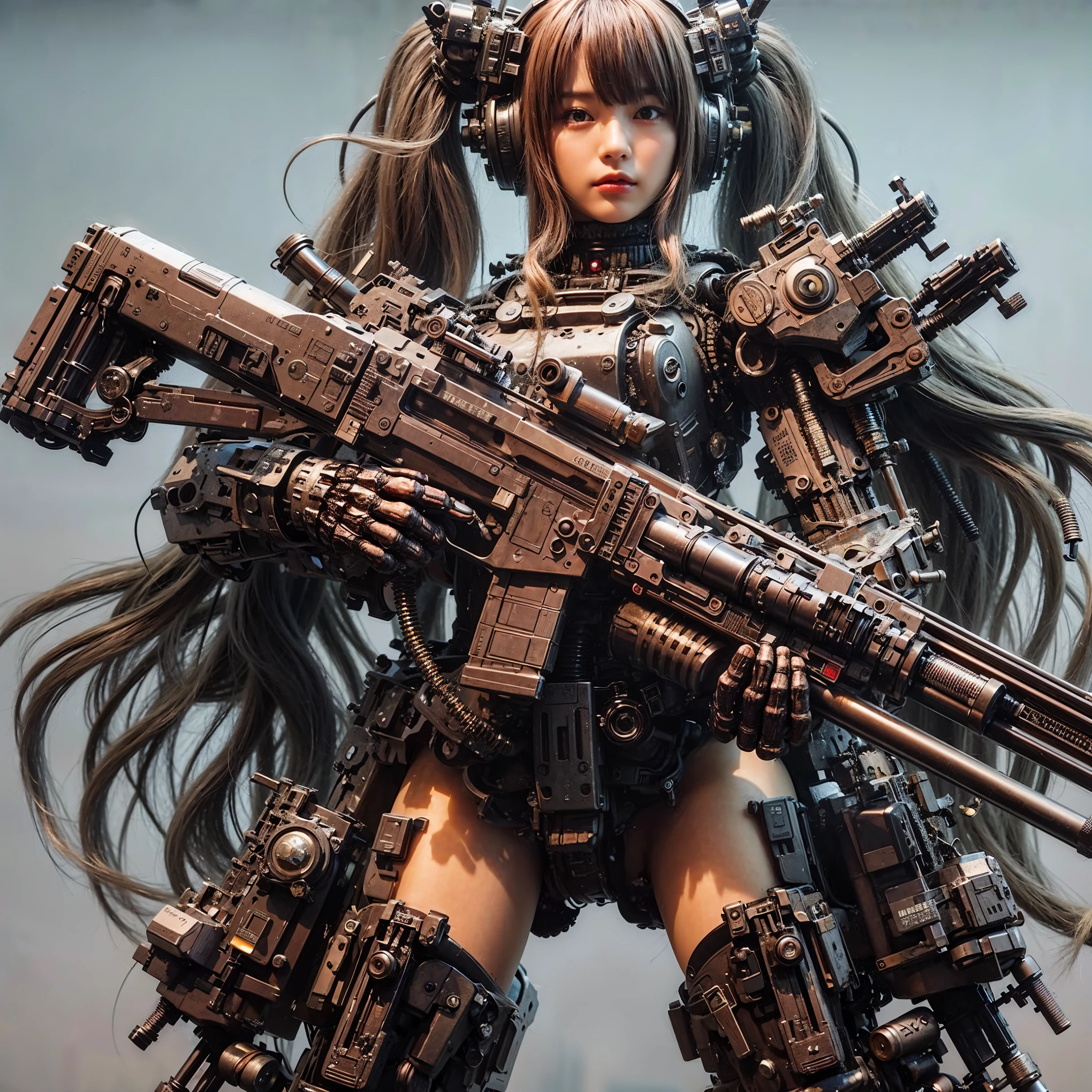 ultra high res,8k,(Photorealsitic:1.4), (beast-like animal wear:1.2), designed by Hajime Katoki,heavy weapons,metallic textures,animal legs, (red hair), japanese female soldier,(ultra beautiful face),((super realistic all textures)), ((super intricate all details)), full body shot, ultra sharp photo result, Acrylic Clear Cover, Hydraulic cylinder, style, taken with Fuji film X-T30+Nokton. HDR10,Minimum of 4 pieces created
