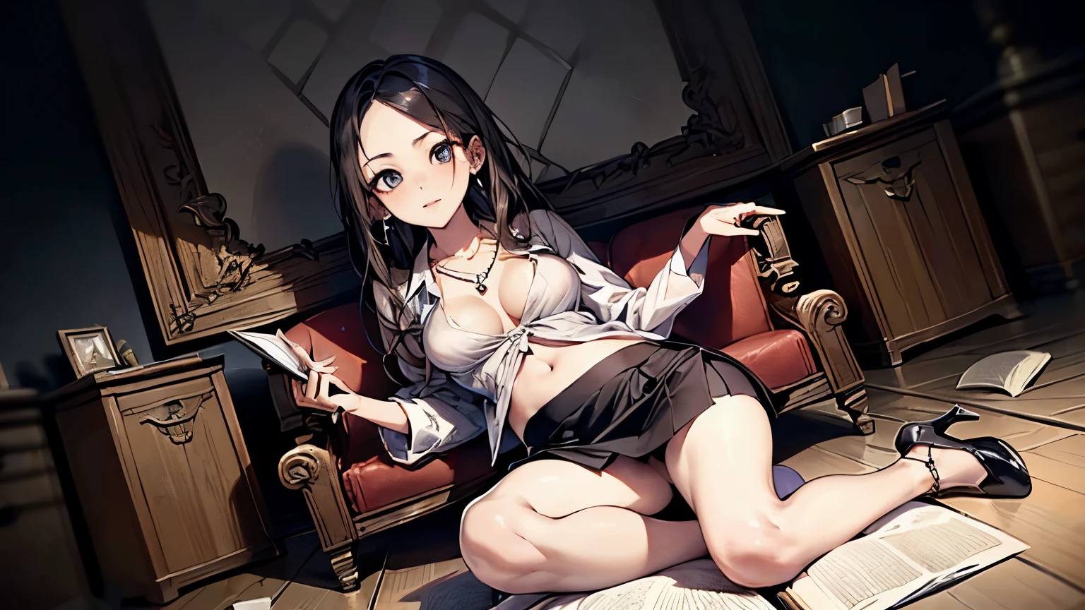 ((Biologically correct limb count))、(( Full-body photo including face))、4K、masterpiece、((Focus on the face))、((Symmetrical facial features))、Eye for detailed depiction、Beautiful woman、Excellent style、Beautiful clavicle、Beautiful feet、Beautiful Hands、Slender body、(Small Ass、Thin thighs,Big Breasts)、(High heels)、Detailed depiction of the face、Small earrings、necklace、(shirt、(mini skirt))、Glancing sideways、Great background、Low Angle,Reading a book,Sitting