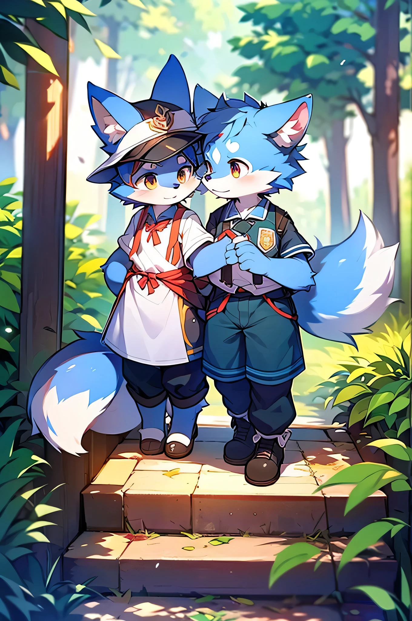 Two people wearing blue fur, Canine, fox motif, Couple of girls and boys, uniform、Hand in hand,