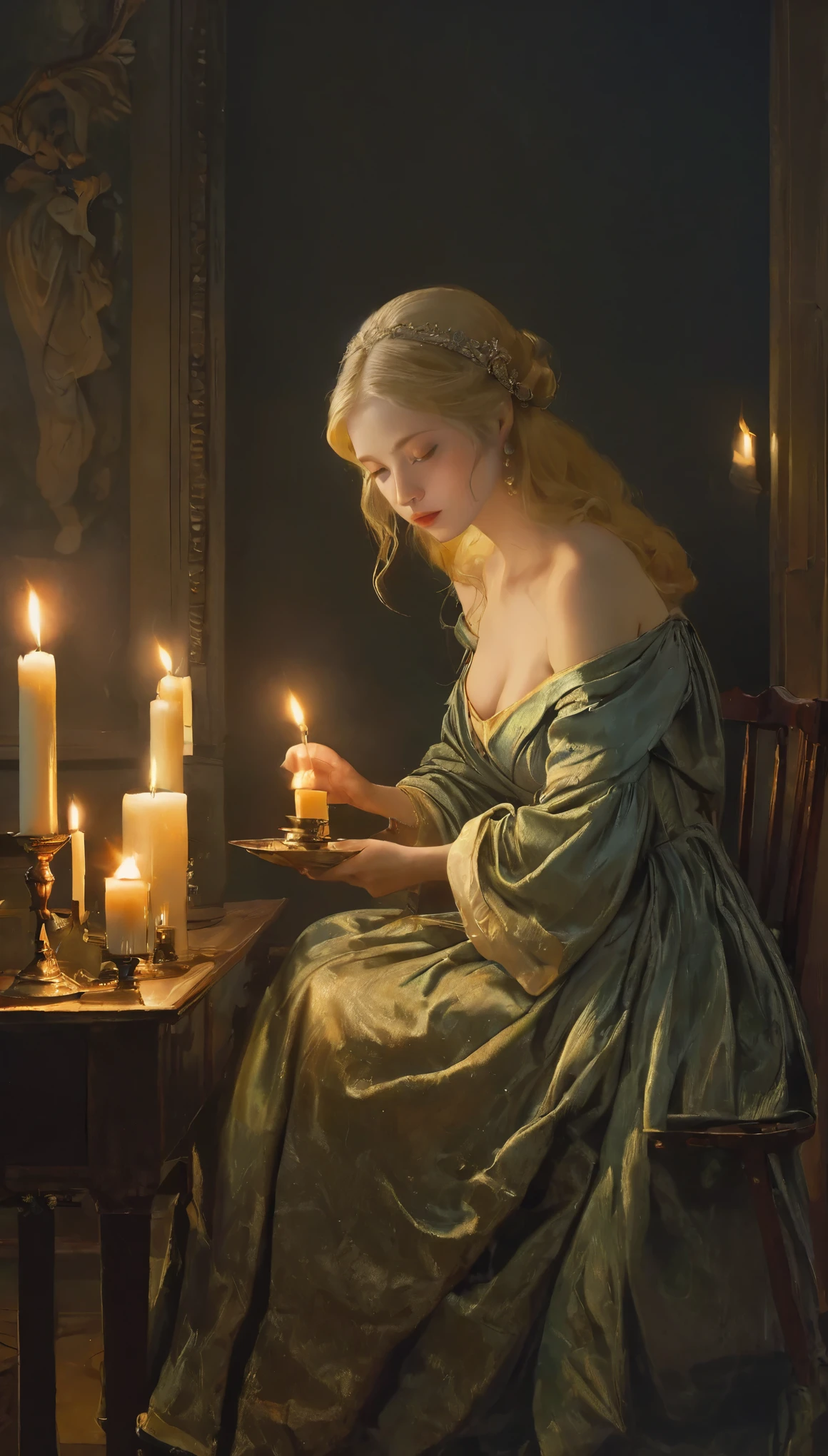 highest quality、Masterpiece、One Womatomy、Unparalleled beauty、blonde、薄dark部屋でロウソクの炎を怪しげに眺めている、Off-the-shoulder dress、Woman sitting on chair、Woman looking at a candle、１６Painting of the Century、Suspicious woman、Candle flame light source、dark、darkness、Beacon of Hope、