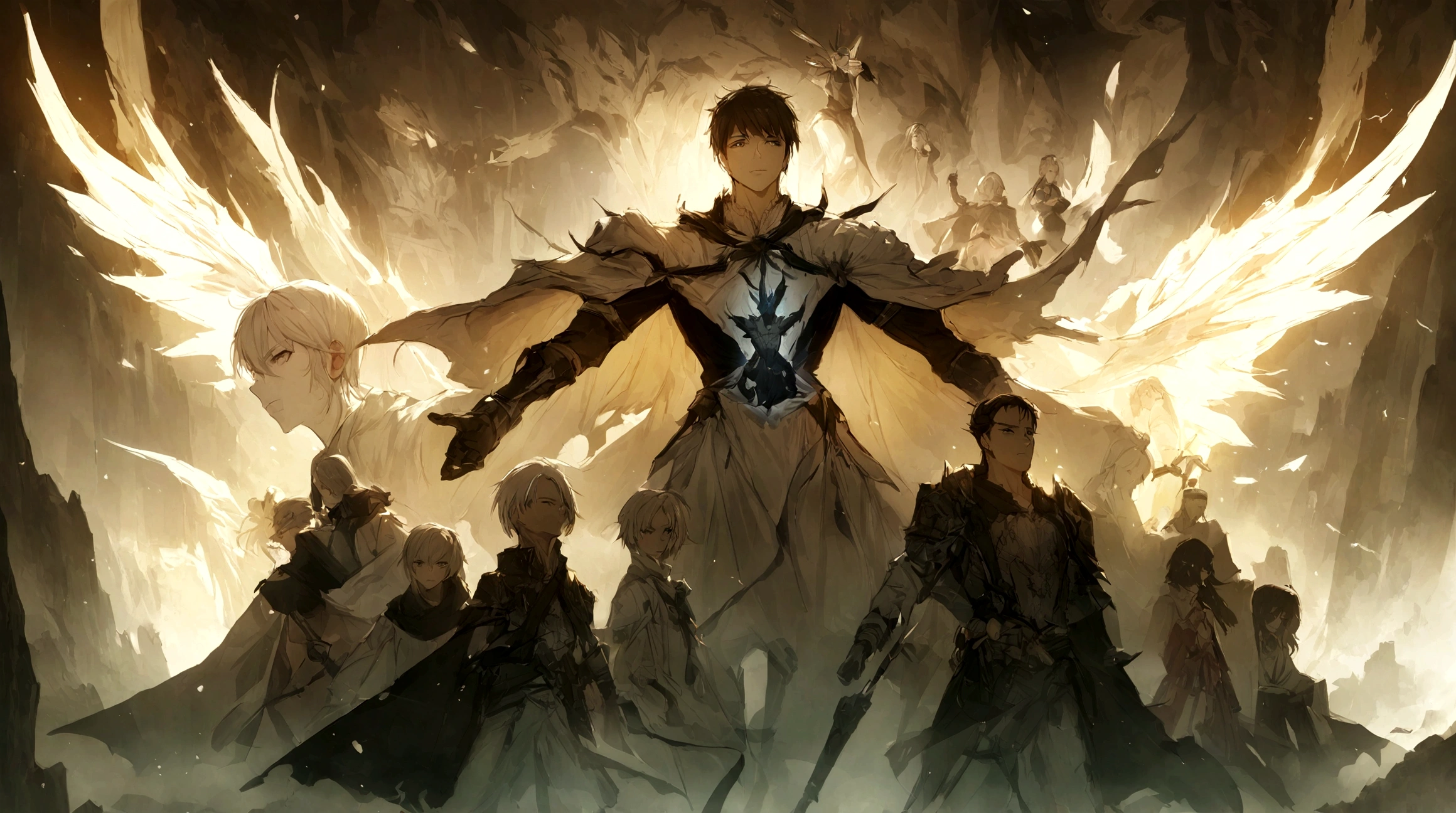 A young and handsome man stands in the center of the scene,Four phantoms appeared behind him,Each phantom represents a heroic spirit。The man raised his arms,Unfold your body,Exudes powerful energy fluctuations。Everyone looked at him in surprise,The gaze was attracted by these four heroic shadows。