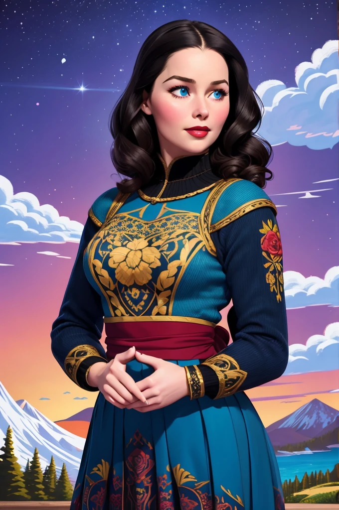 Women with blonde perm, Pale Skin, Red Lipstick, Overlooking Mountain Valley, Alpine Lake. Dress Wth Woodcut Patterns, A Black Knee-Length Pleated Skirt With Blue Embroidery, Norwegian Sweater With Rosemaled Designs. A Wide Smile, Eyes Are Detailed & Wide, & She Poses Dynamically. Digital Painting, 4K Ultra HD, Rococo-Inspired Fantasy Art With Intricate Details. Cute, Charming Expression & Alluring-Gaze, Beautiful Blue Eyes & An-Ideal-Hourglass-Figure. Hedy Lamarr, Olivia Munn & Molly Quinn. Youthful Well-Shaped Bosom, Well-Defined Gluteal Muscles. Large-Chest. turning. Side Profile. Emilia Clarke
