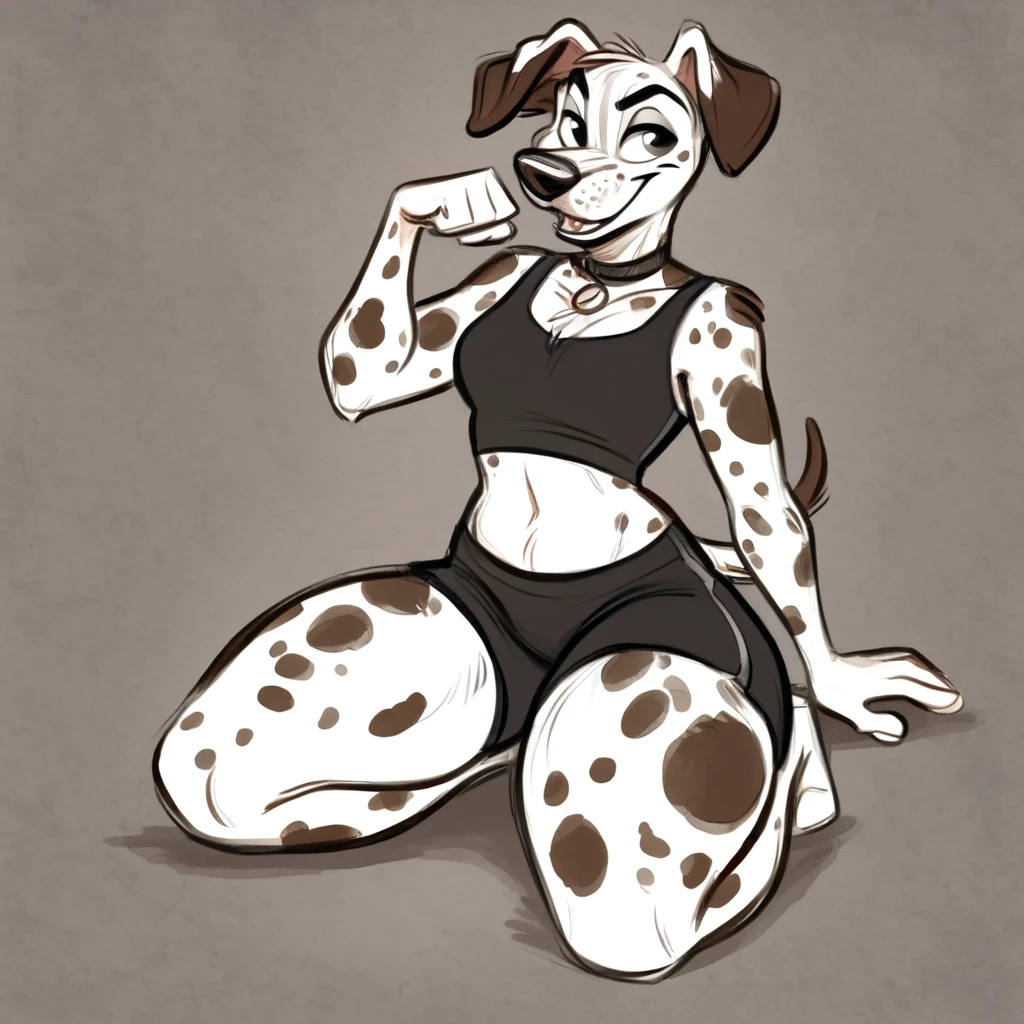 A anthropomorphic dalmatian, wearing black swimming shorts, doing a sitting pin up pose, has thick thighs, high quality, crisp, 