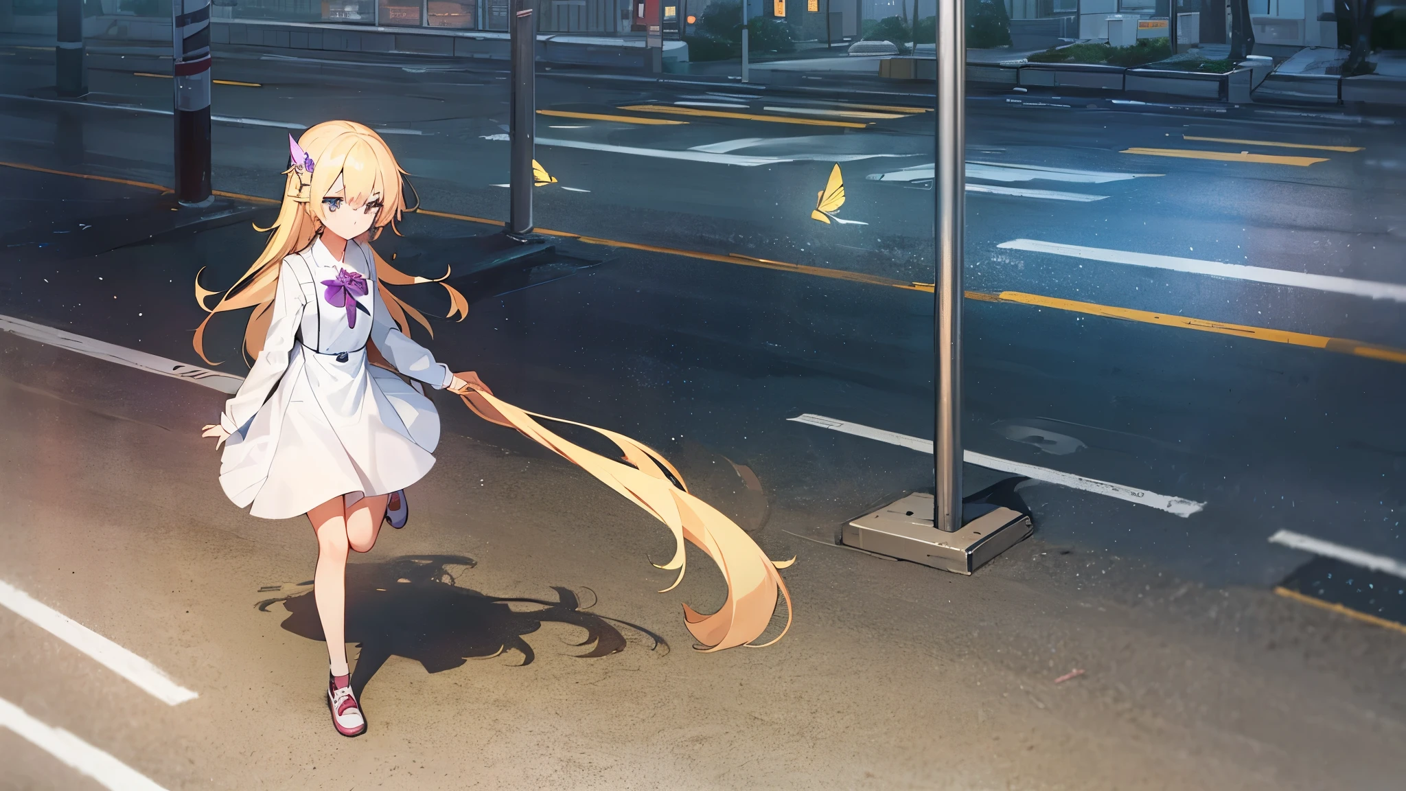 A twelve-year-old girl with long blond hair,There is a butterfly-shaped hairpin on the right side of her hair.,Wearing a long-sleeved white dress。She is running on the street,Looking frightened。