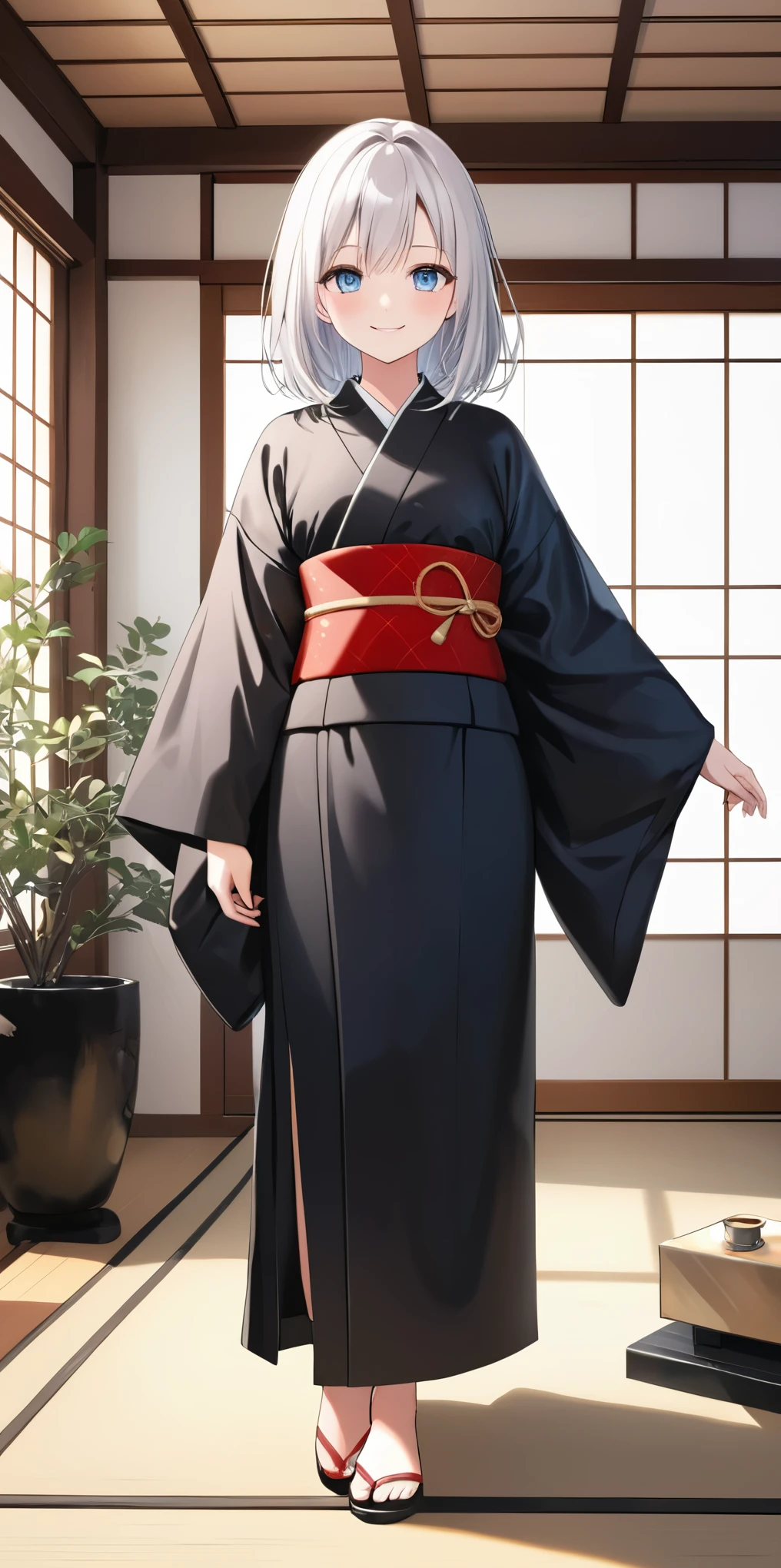 masterpiece,ultra-detailed,best quality,8K,illustration,ultra detailed face,cute face,clean skin ,shiny hair,girl,ultra-detailed-eyes, standing girl, full body, (wearing black kimono with red obi sash), fashion showcase, white background, japanese home interior, smile, tabi socks, light blue eyes, shiny eyes