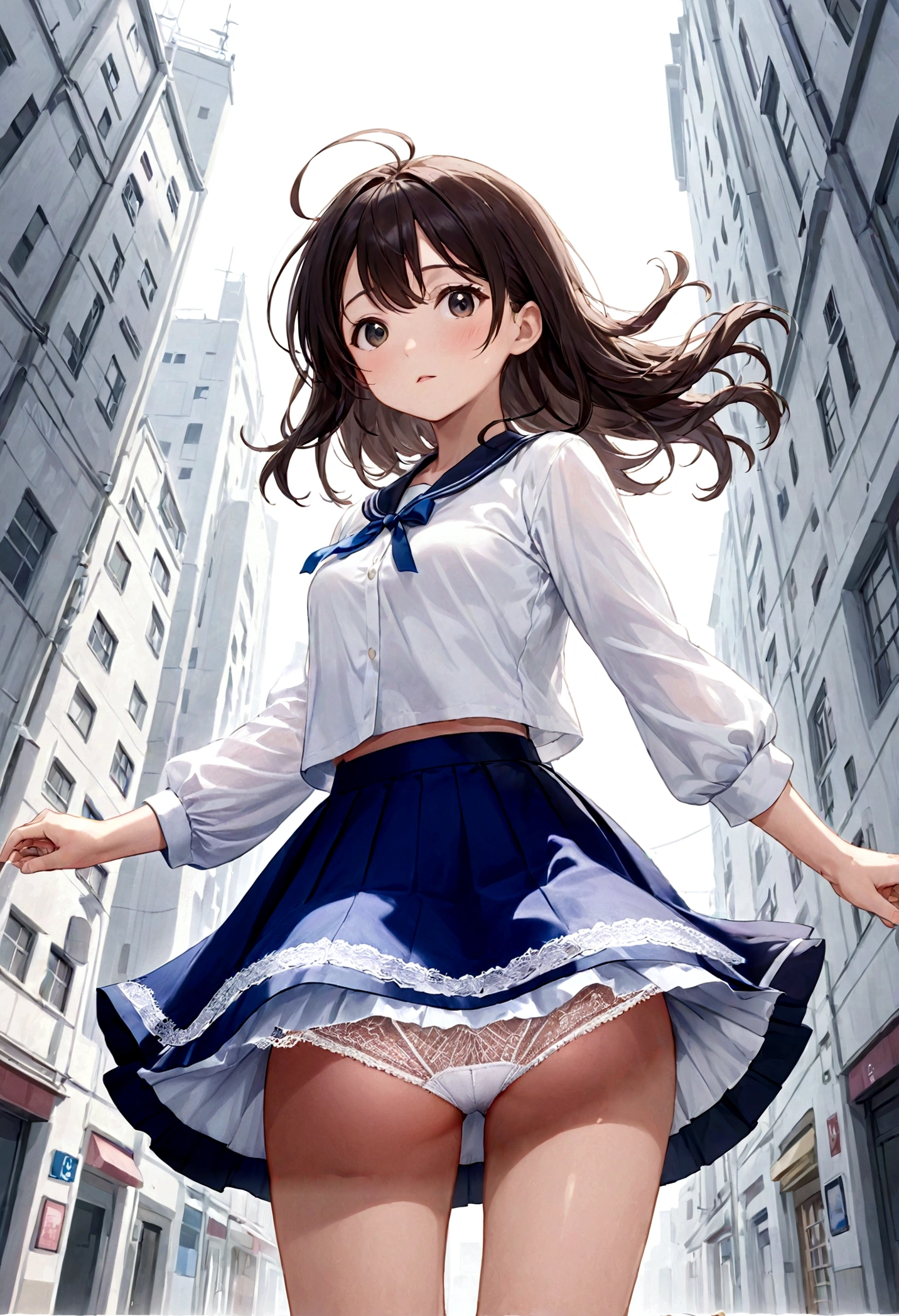 A skirt puffed up by the strong wind、、Skirt that is flipped、
The lining is visible 、White lace lining、White cotton panties are visible