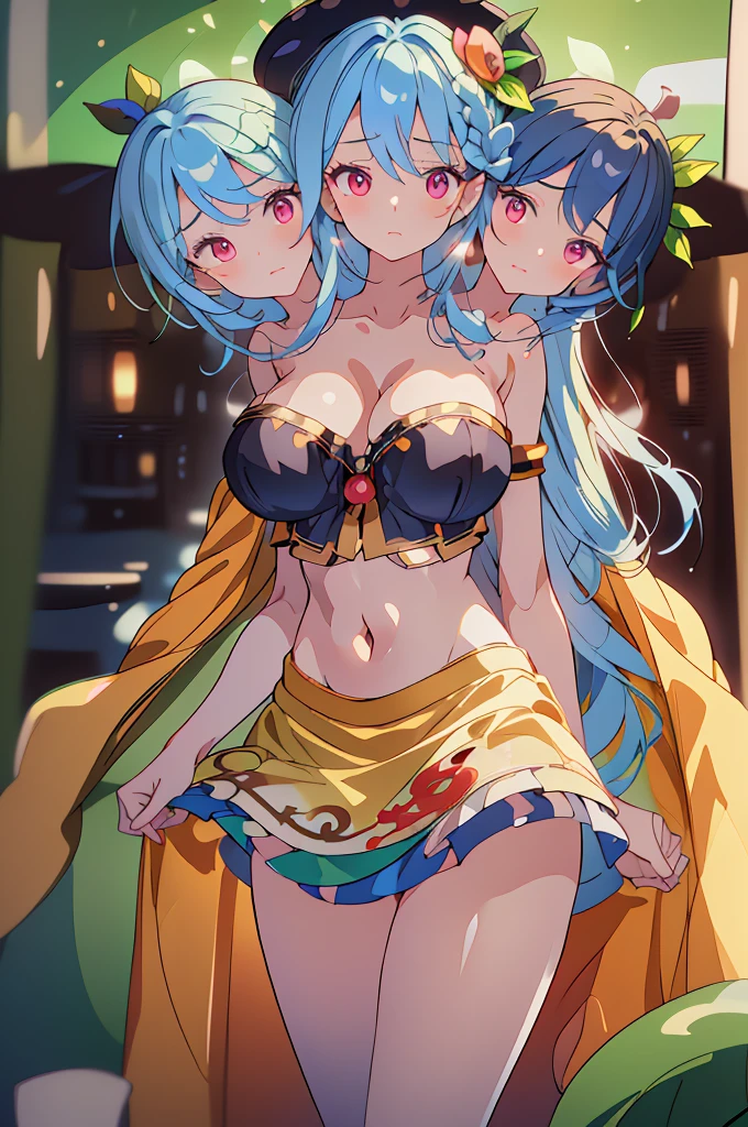 (masterpiece, best quality), best quality, (ultra-detailed), (3heads:1.5), 1girl,(hinanawi tenshi:1.3), masterpiece, (high quality), (high resolution), (best quality:1.5, highres, UHD), highres, absurdo, ultra detail, ultra quality white top, crop top, ((stomach)), midriff, ((groin)), blue skirt, normal ears, shackles, blue hair, very long hair, wavy hair, sidelocks, dark red eyes, very detailed eyes, parted lips, detailed eyes, sweat, cute, toned belly, hand on own chest, eyelashes, (25 year old woman:1.3), (masterpiece:1.5), (best quality:1.5), (beautiful detailed extremely detailed CG, extremely delicate and beautiful, depth of field, (finely detailed face), (perfect details:1.2), (mature female:1.4), wide pelvis, slender, large veiny breast, 16k resolution, very high quality, very high definition, extremely detailed, masterpiece, best quality, blue hair, long hair, alluring presence, braid, short skirt, close up, very big tits, huge tits, young, black hat decorated with two peaches and leaves, hat ornament,