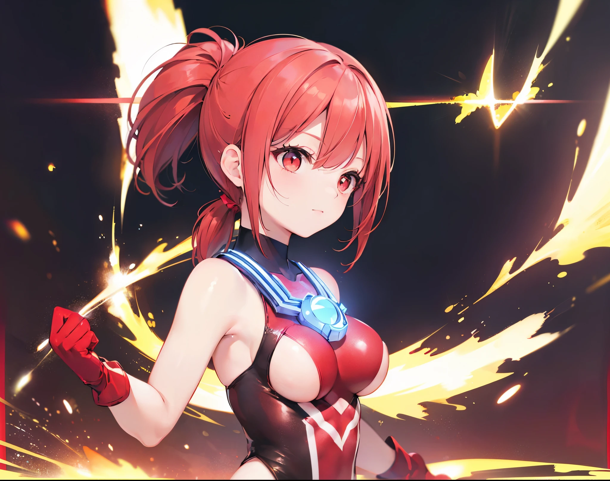 (Close-up:1.3),Realistic,highest quality, Ultra Detail, High-quality CG rendering, The most delicate and beautiful, Floating softly, High resolution, (1 girl), (Highest quality,4K,8K,masterpiece:1.2),(All red hair:1.5), (ponytail:1.5),(Red eyes:1.5), (Ultra Girl:1.0), (Red Ultraman bodysuit:1.4),(Slightly larger breasts:1.5),(Clenched Fist:1.2),(Turn your back to your audience:1.3),Ass,(Red gloves:1.3),(Red Shoes:1.3),(Upper Body:1.3)