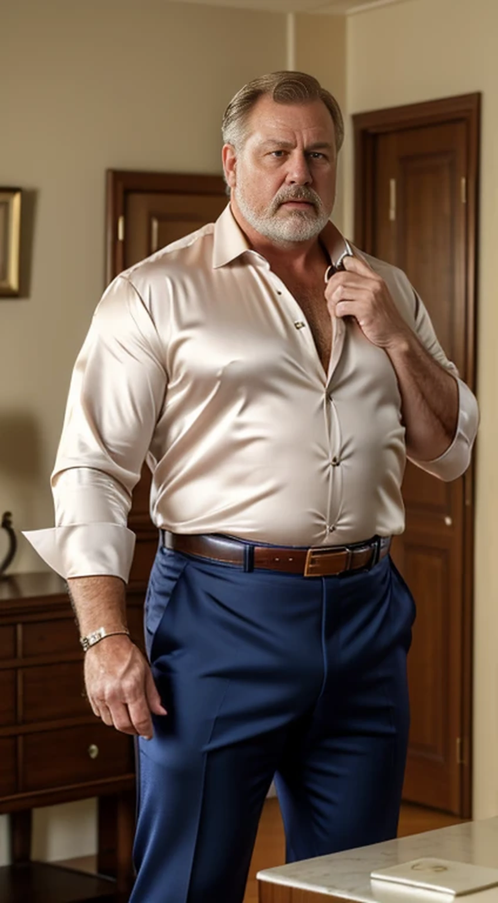 (best quality,4k,8k,highres,masterpiece:1.2), age 60, white man detective , horny disgusting, muscular chubby, kind, open silk shirt, mature daddy, Dress Pants with big hard bulge, hairy chest hard nipple, belt, loafer,