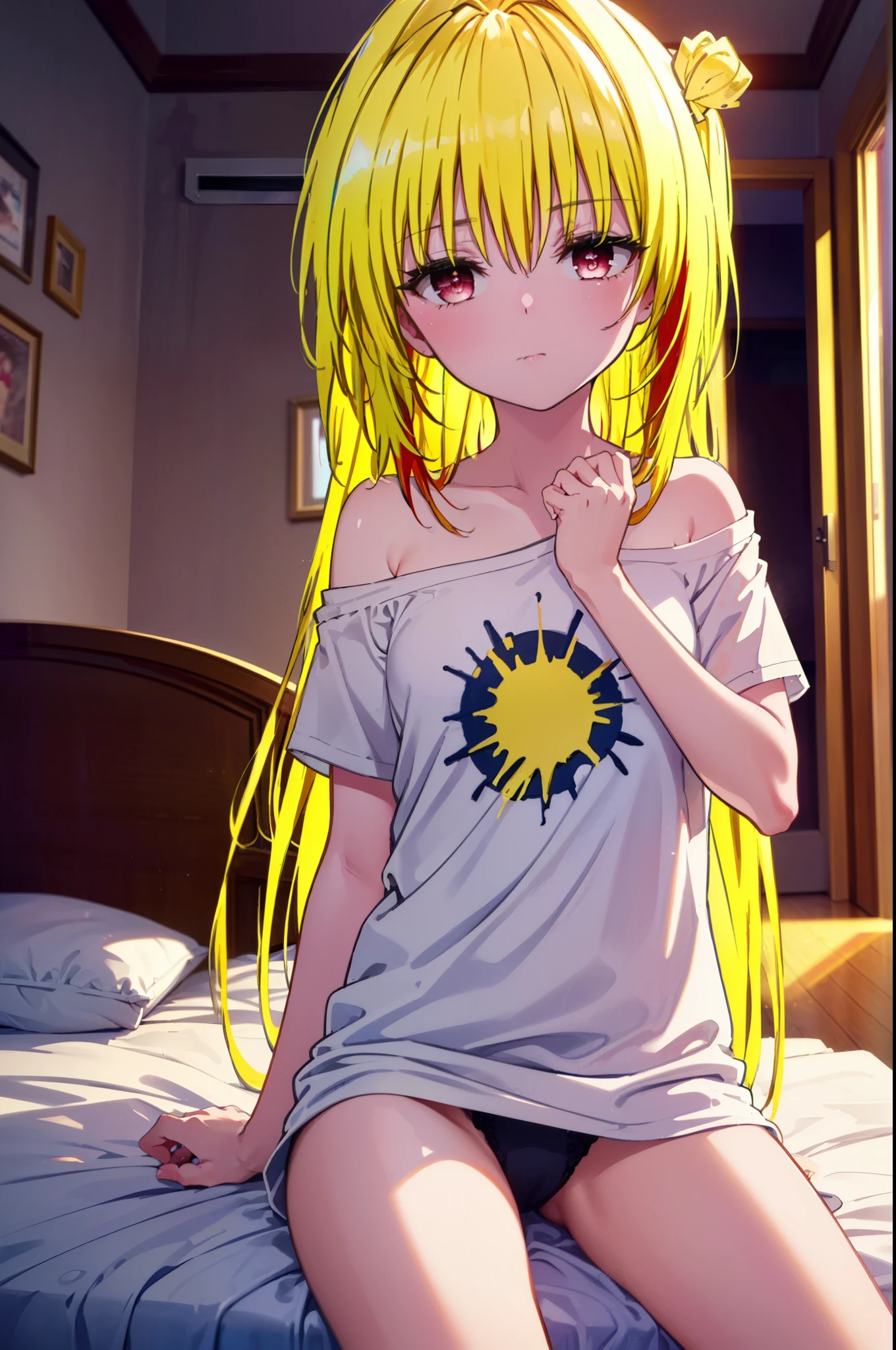 toloverumy, my, (Yellow Hair:1.5), Long Hair, (Red eyes:1.5),Messy Hair,Oversized T-shirt,One-shoulder T-shirt,Black string underwear,barefoot,Waking up,Sitting on the bed,The stuffed toy is on the bed,morning,morning陽,The sun is rising,So that the whole body goes into the illustration,
break outdoors, Bedroom,
break looking at viewer, (Cowboy Shot:1.5),
break (masterpiece:1.2), highest quality, High resolution, unity 8k wallpaper, (figure:0.8), (Beautiful fine details:1.6), Highly detailed face, Perfect lighting, Highly detailed CG, (Perfect hands, Perfect Anatomy),