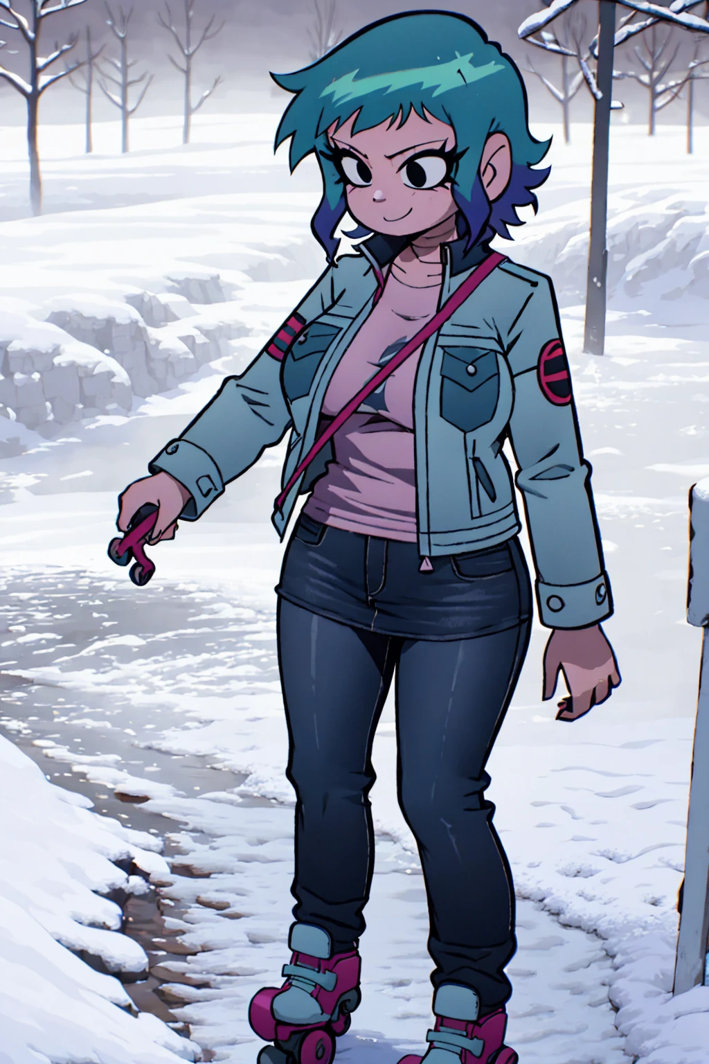 A girl Scott Pilgrim Ramona Flowers shirt jacket roller skates Super huge breasts breast enlargement A person standing in the snow looking at the camera smiling full-body shot