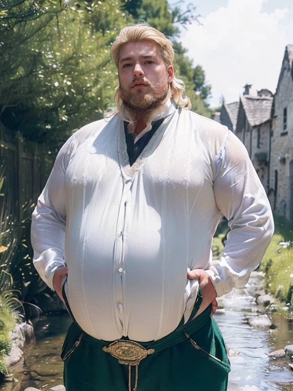 ((blond hairstyle of the 1300s)), Realistic, ((Full body photo)),Handsome face, male,(( (best quality,ultra-detailed),realistic,studio lighting,photography,two (chubby,plump) men with (big,fat) guts, hair and beard,wearing only underwear🍀A realistic and detailed close shot portrait photo of a roliço rechonchudo coxas extremamente grossas barriga avantajada gordo idade 59, looking peasant man in cheap mediveal linnen clothing. He is looking at the watcher while standing in front of an old curved stonebridge over a stream that is about 5 meters wide. Some mediveal farm buildings in the background.
((((looking at the watcher))))
