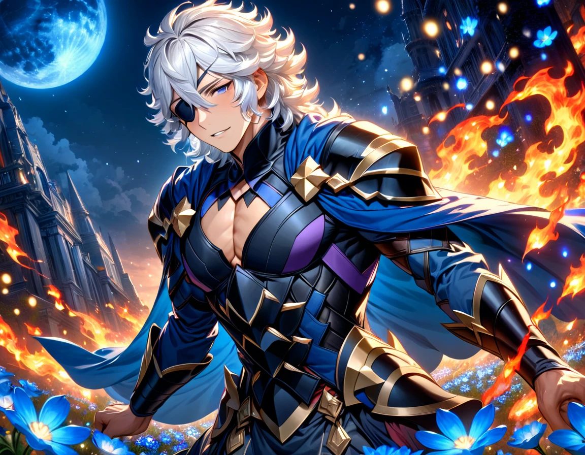 absurdres, highres, ultra detailed, HDR, master piece, best quality, Raviel, ash blonde hair, medium-length hair, spiked hair, hair between the eyes, with bangs, expressive blue eyes, Dream and Legacy, sexy man, solo, handsome, angel, halo, white cape, bare chest, white tunic, silver jewelry, silver accessories, fantasy, purple flowers, blossoms, magical, purple petals, purple moon, water, fireflies