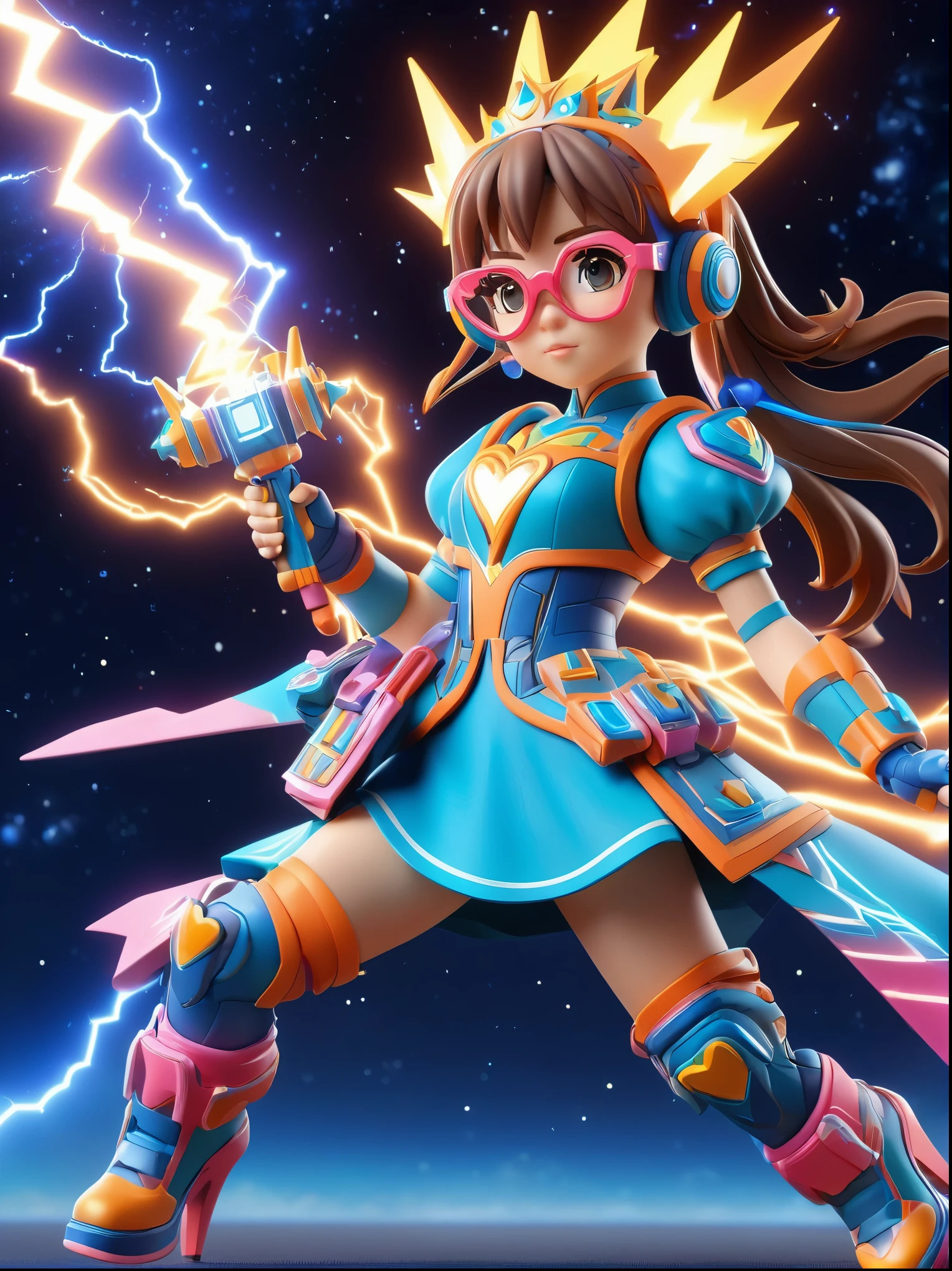 1girl, solo, Lightning energy，Electricity elements，Double ponytail，Love tiara，Wearing heart eye glasses，Blue Highlight Lightning，Wearing a bright pink and orange dress，High heel boots，Holding an electric love stick，Space starry sky background，Galactic battleship，Fighting Stance，Explosion，Best quality，Original，whole body，Cartoon Style，3D character rendering，Created with C4D and Blender，precise，Blind box toy style，Super Detail，Anatomically correct，masterpiece, 1djxz1