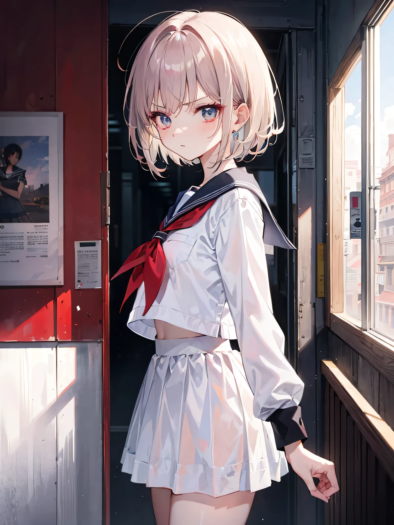 Masterpiece, best quality, high quality, very detailed CG uniform 8k wallpaper, dark room, dim light, shiny hair, school warehouse, messy room, dusty, 1girl, solo, beautiful face, villains, short hair, red eyeshadow, sailor uniform, white shirt, short skirt, very angry, hateful expression, bully, envy, looking at viewer