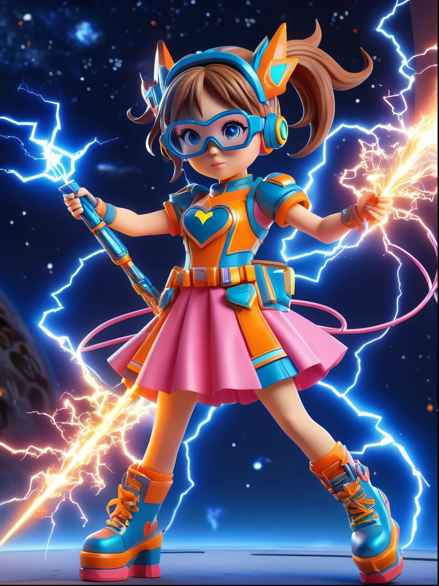 1girl, solo, Lightning energy，Electricity elements，Double ponytail，Love tiara，Wearing heart eye glasses，Blue Highlight Lightning，Wearing a bright pink and orange dress，High heel boots，Holding an electric love stick，Space starry sky background，Galactic battleship，Fighting Stance，Explosion，Best quality，Original，whole body，Cartoon Style，3D character rendering，Created with C4D and Blender，precise，Blind box toy style，Super Detail，Anatomically correct，masterpiece, 1djxz1