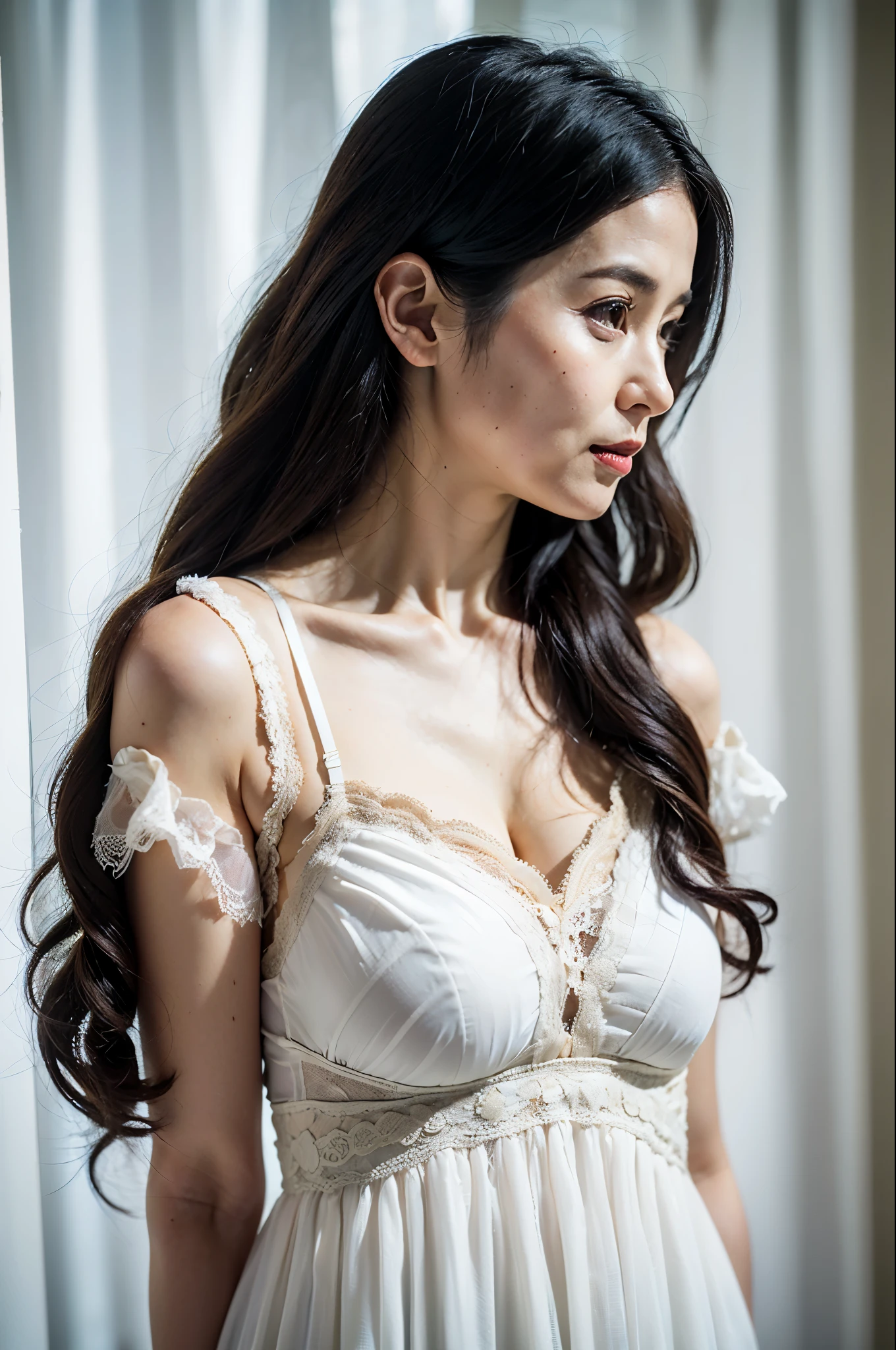 NSFW, ((highest quality)), ((8K)), ((masterpiece:1.3)), (be familiar with), perfect face, ((japanese woman)), (Married woman), ((47 years old)), (((Layering petticoat dress and underwear))), ((Silk petticoat dress)), (Transparent white pericoat dress:1.05), (white bra:1), (2 sets of shoulder straps), (Bunty), (wrinkles on the face:1.2), ((wrinkles at the corners of the eyes)), A slightly gloomy look, (lips slightly open), (Look diagonally forward to the left:1.3), (Long wavy hair), double upper eyelid, (whole body), standing posture, barefoot,