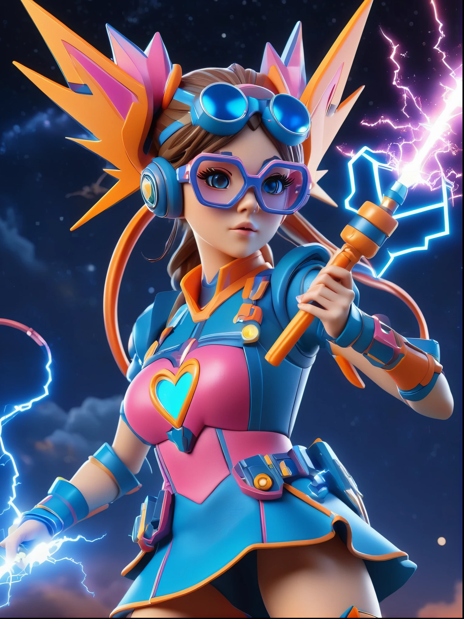 1girl, solo, Lightning energy,Electricity elements,Double ponytail,Love tiara,Wearing heart eye glasses,Blue Highlight Lightning,Wearing a bright pink and orange dress,High heel boots,Holding an electric love stick,Space starry sky background,Galactic battleship,Fighting Stance,Explosion,Best quality,Original,whole body,Cartoon Style,3D character rendering,Created with C4D and Blender,precise,Blind box toy style,Super Detail,Anatomically correct,masterpiece, 1djxz1