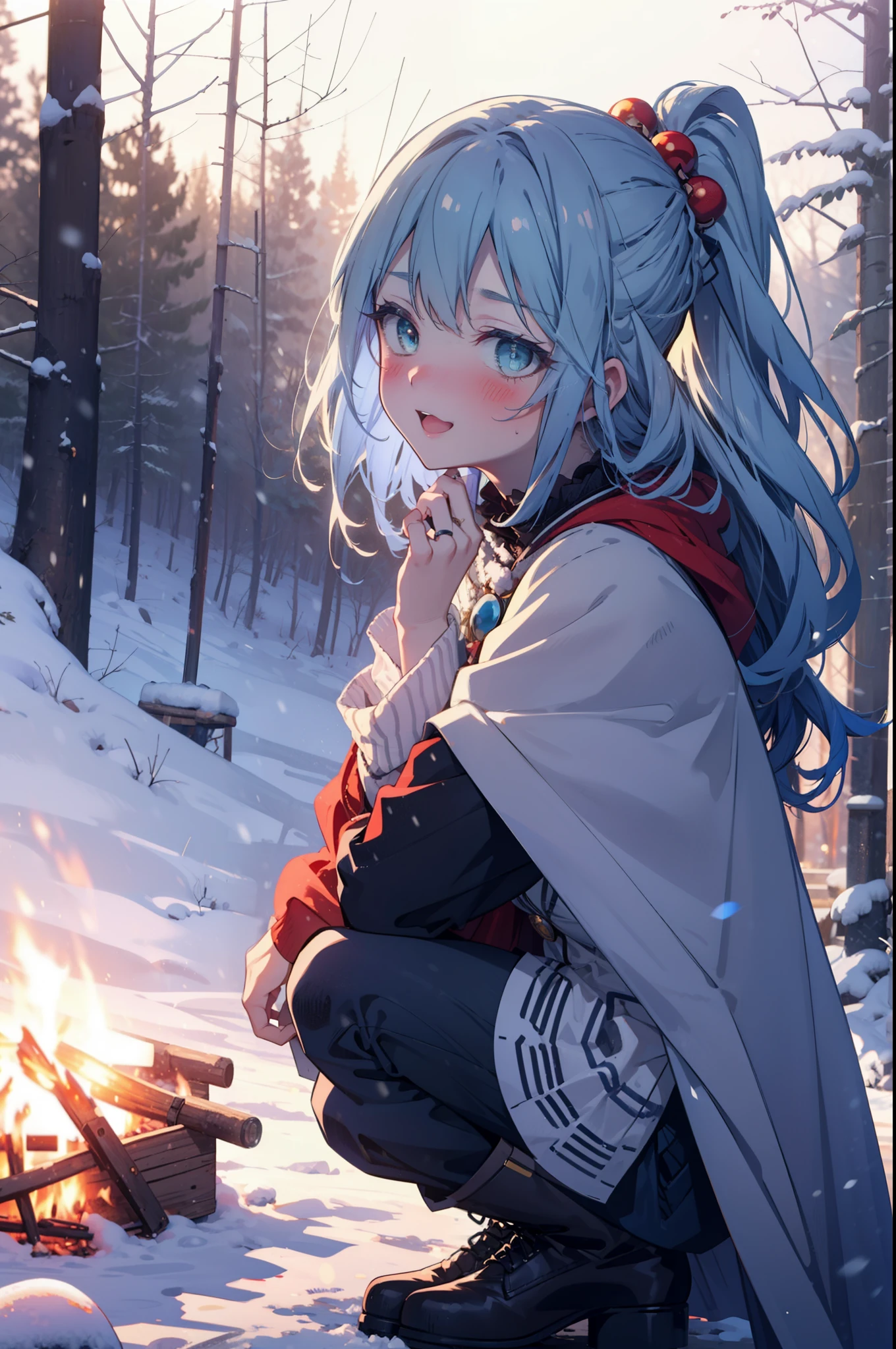 konosubaAqua, Aqua, Long Hair, blue eyes, hair ornaments, very Long Hair, Blue Hair, Hair Ring, シングルHair Ring, Hair ties,smile,smile,blush,White Breath,
Open your mouth,snow,A bonfire on the ground,, Outdoor, boots, snowing, From the side, wood, suitcase, Cape, Blurred, , forest, White handbag, nature, Squat, Mouth closed, Cape, winter, Written boundary depth, Black shoes, red Cape break looking at viewer, Upper Body, whole body, break Outdoor, forest, nature, break (masterpiece:1.2), highest quality, High resolution, unity 8k wallpaper, (shape:0.8), (Beautiful and beautiful eyes:1.6), Highly detailed face, Perfect lighting, Extremely detailed CG, (Perfect hands, Perfect Anatomy),