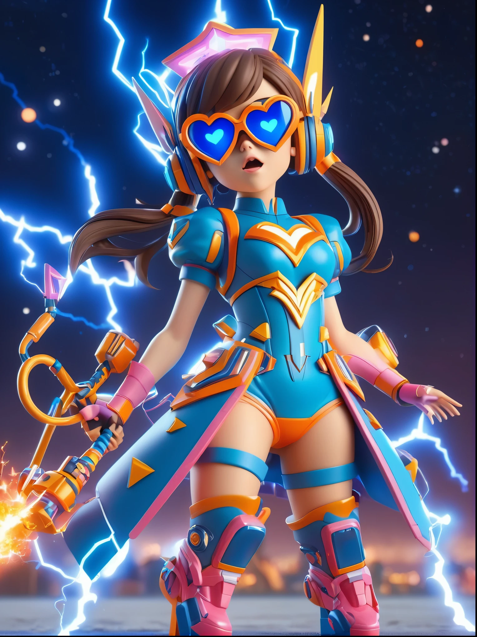 1girl, solo, Lightning energy，Electricity elements，Double ponytail，Love tiara，Wearing heart eye glasses，Blue Highlight Lightning，Wearing a bright pink and orange dress，High heel boots，Holding an electric love stick，Space starry sky background，Galactic battleship，Fighting Stance，Explosion，Best quality，Original，whole body，Cartoon Style，3D character rendering，Created with C4D and Blender，precise，Blind box toy style，Super Detail，Anatomically correct，masterpiece, 1djxz1