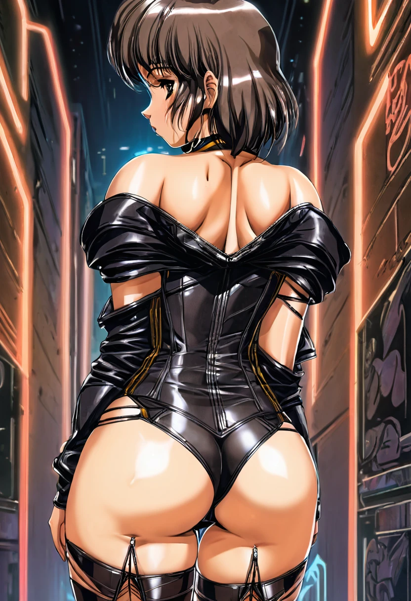 Illustration by mad dog., back looking at camera, raven, super busty, 8k, hyper realistic, revealing strappy bodysuit, surreal american anime, digital coloring, high heels, beautiful young female model, short hair with side bangs covering under eyes, , tight dark top + tight shorts, long tops, highly detailed, best quality, full body portrait, intricate details, art, depth of field , larger breasts, sexy, permissive, 1 person, decorations, light skin, glamour, cyberpunk, 8k ultra hd, off the shoulder, leather jacket, symmetrical, nightlife.