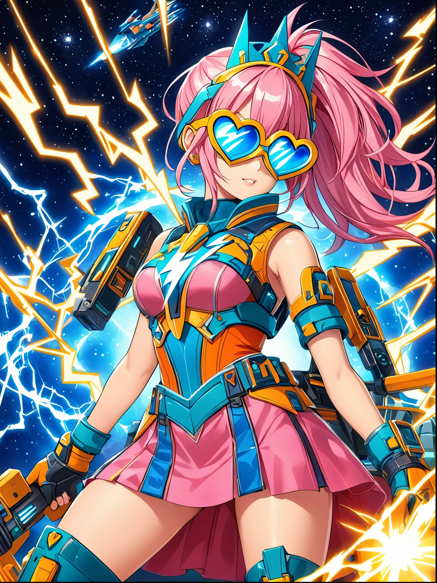 1girl, solo, Lightning energy，Electricity elements，Double ponytail，Love tiara，Wearing heart eye glasses，Blue Highlight Lightning，Wearing a bright pink and orange dress，High heel boots，Holding an electric love stick，Space starry sky background，Galactic battleship，Fighting Stance，Explosion，Best quality，Original，whole body，Cartoon Style，Vector illustration，Smooth and clear brushstrokes，precise，Anime Illustrations，Super Detail，Anatomically correct，masterpiece, 1djxz1