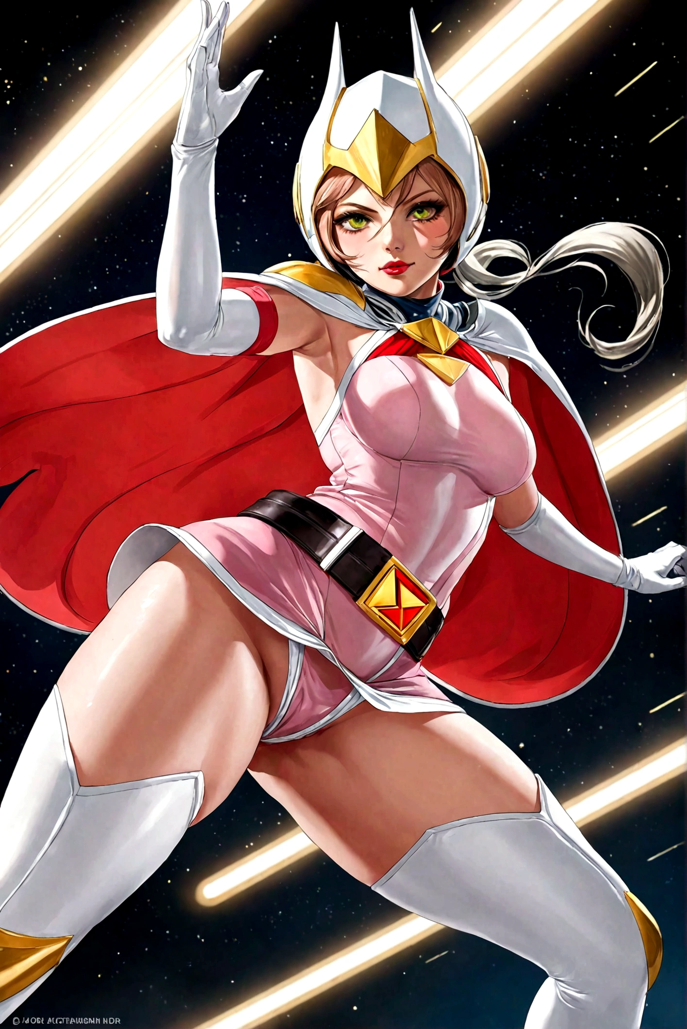 ANI_CLASSIC_jun_gatchaman_ownwaifu,1girl, 18yo,good anatomy, masterpiece, best quality,realistic, hyperrealistic, 16k hdr, long hair,breasts,green eyes,lips,large breasts,lipstick,makeup,gloves,cape,helmet,belt,elbow gloves,white gloves,mask,ultra miniskirt,leotard,spacesuit,white legwear,pink dress,superhero,bodysuit,(fighting pose,kicking:1.3),from below,(spread legs:1.1),cameltoe,sweat,smile,space ship,hand up,