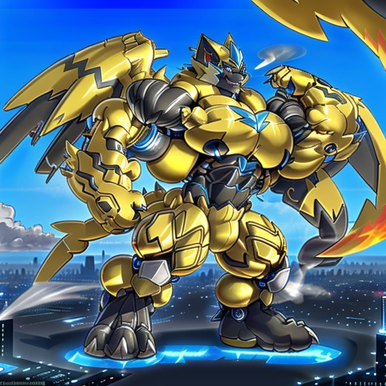 (dominating zeraora. Zeraora is over 1000 meters long. giant mechanical Muscular Zeraora is trampling the city. Looking down. macro. stomp) 
(smoke and flames rising from the destruction in the city)

Additional details 1: (masterpiece. official art. 8k. best quality) (high-tech bio-mecha armor. real texture material. whole body shines like metal. Wearing cyberpunk mecha. emphasizes the muscles. suit fully made of metal. intricate armor. Robotic suit. suit fully made of metal. cyborg. Powered exoskeleton with the same design as Zeraora). 

Additional details 2: (gigantic muscles. HYPER MUSCLES. Gigachad Muscular. big muscle. pecs. triceps. traps. unusually developed muscular body. body full of huge muscles. showing off muscles. pectorales enormes. Exaggeratedly huge muscles.). 

Additional details 3: (Spread wings. It has wings. have big wings. golden wings). 

Additional details 4: (giant zeraora. Zeraora's giant robot. ). gundam.