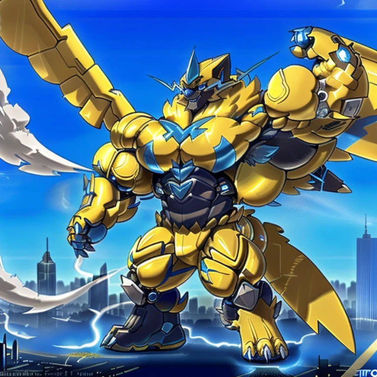 (masterpiece. official art. 8k. best quality. detailed full body. full body.)
(situation 1 : dominating zeraora. Zeraora is over 1000 meters long. giant mechanical Muscular Zeraora is trampling the city. Looking down. macro. stomp. Low-angle perspective. emphasizing the immense size.)
(situation 2 :smoke and flames rising from the destruction in the city)
(Additional details 1: high-tech bio-mecha armor. real texture material. whole body shines like metal. Wearing cyberpunk mecha. emphasizes the muscles. suit fully made of metal. intricate armor. Robotic suit. suit fully made of metal. cyborg. Powered exoskeleton with the same design as Zeraora).
(Additional details 2: (gigantic muscles. HYPER MUSCLES. Gigachad Muscular. big muscle. pecs. triceps. traps. unusually developed muscular body. body full of huge muscles. showing off muscles. pectorales enormes. Exaggeratedly huge muscles.).
(Additional details 3: Spread wings. It has wings. have big wings. golden wings).
(Additional details 4: black color hyper penis. hyper black penis. big penis)