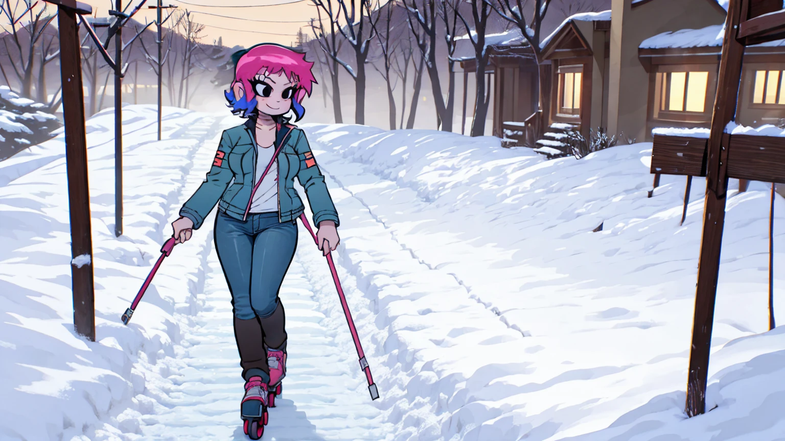 A girl Scott Pilgrim Ramona Flowers shirt jacket roller skates Super huge breasts breast enlargement A person standing in the snow looking at the camera smiling full-body shot