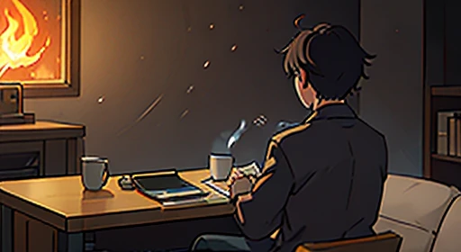 (Cinematic Light:1.3), 1 flat-2D anime young man, listen to jazz by headphone, work with coffee in hand and a computer, (from behind:1.2), can't see his face, flames of a fireplace, illumination, "LOFI" in upper right corner, medium shot