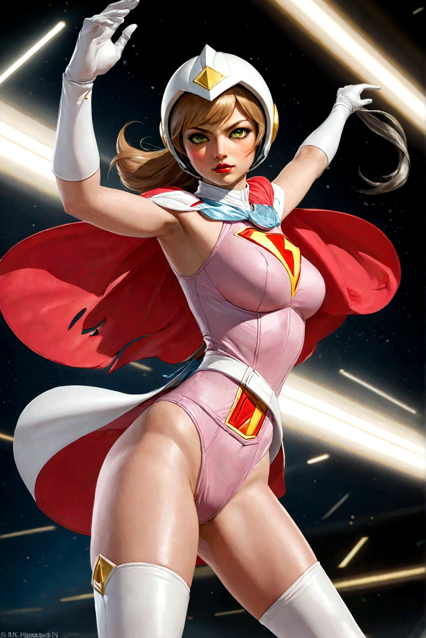 ANI_CLASSIC_jun_gatchaman_ownwaifu,1girl, 18yo,good anatomy, masterpiece, best quality,realistic, hyperrealistic, 16k hdr, long hair,breasts,green eyes,lips,large breasts,lipstick,makeup,gloves,cape,helmet,belt,elbow gloves,white gloves,mask,ultra miniskirt,leotard,spacesuit,white legwear,pink dress,superhero,bodysuit,(fighting pose,kicking:1.3),from below,(spread legs:1.1),cameltoe,sweat,smile,space ship,hand up,