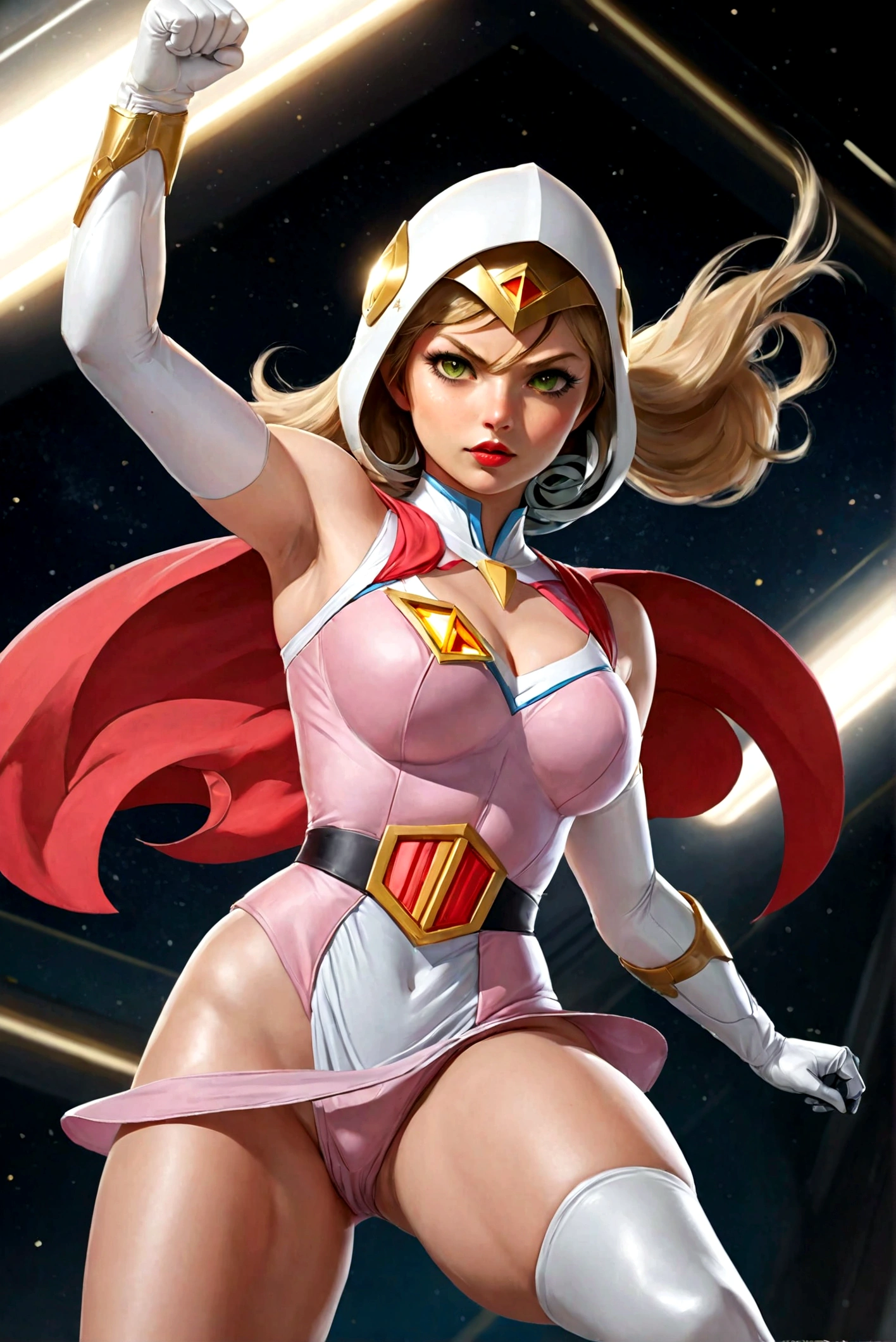 ANI_CLASSIC_jun_gatchaman_ownwaifu,1girl, 18yo,good anatomy, masterpiece, best quality,realistic, hyperrealistic, 16k hdr, long hair,breasts,green eyes,lips,large breasts,lipstick,makeup,gloves,cape,helmet,belt,elbow gloves,white gloves,mask,ultra miniskirt,leotard,spacesuit,white legwear,pink dress,superhero,bodysuit,(fighting pose,kicking:1.3),from below,(spread legs:1.1),cameltoe,sweat,smile,space ship,hand up,