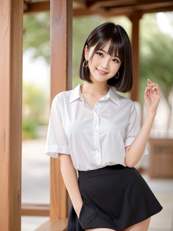 (best qualtiy,8K,tmasterpiece:1.3),(sharp fokus:1.2),Jet-black hair,ssmile,(A girl sits on a sofa:1.2),(denim short:1.2),(perfect body figure:1.4),(white shirt:1.2),office room,rays of sunshine,Fine face,beautidful eyes,Straight legs